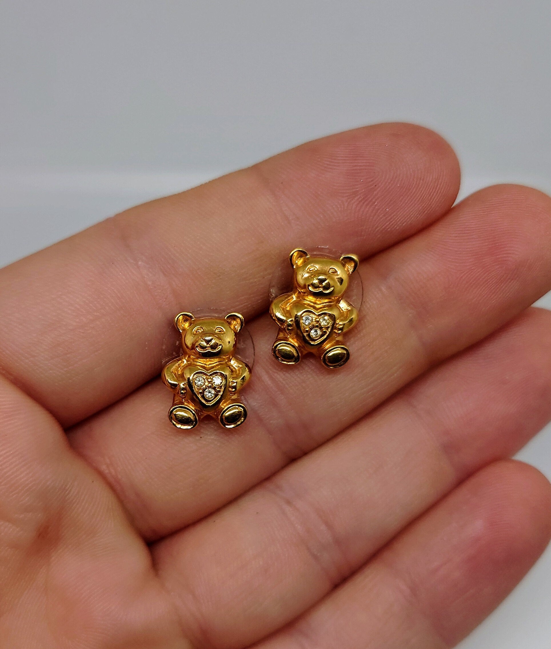 Gold Earrings Teddy Bear Gold Tone Enamel Costume Jewellery Jewelry Diamond Rhinestone Pin Gold Tone Metal