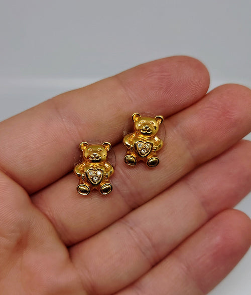 Gold Earrings Teddy Bear Gold Tone Enamel Costume Jewellery Jewelry Diamond Rhinestone Pin Gold Tone Metal