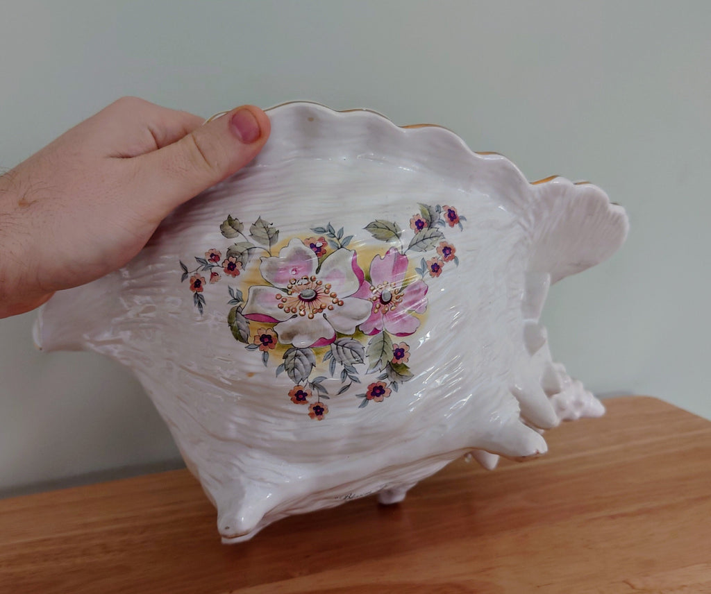 Large Vintage Large Planter Indoor Plant Pot White Pink Floral Gold Gilt Ceramic Planter Conch Shell Pot Pourri