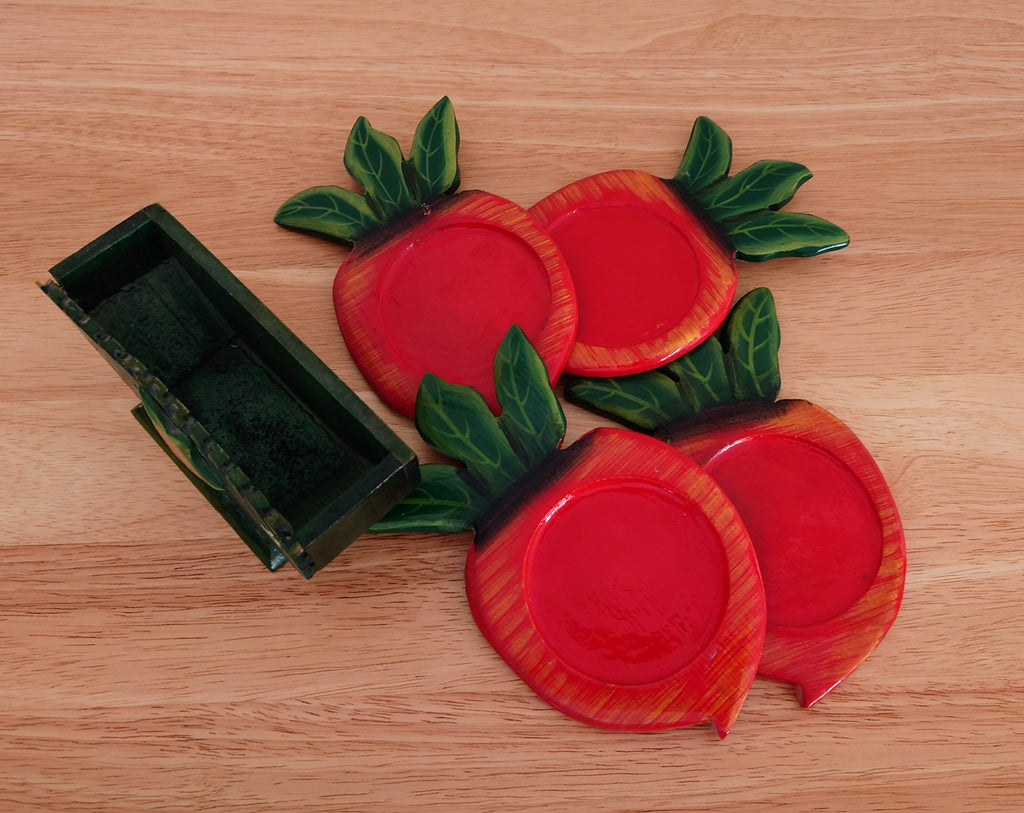 Vintage Wooden Coasters Carrot Orange Coasters with Stand Kitsch Country Cottage Wooden Coasters