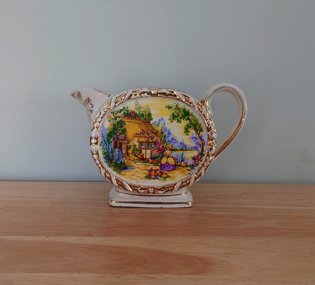 Vintage Saddler Milk Jug 1950's Mid Century Pottery Milk Jug Cottage Scene Gold Gilt Made in England Creamer