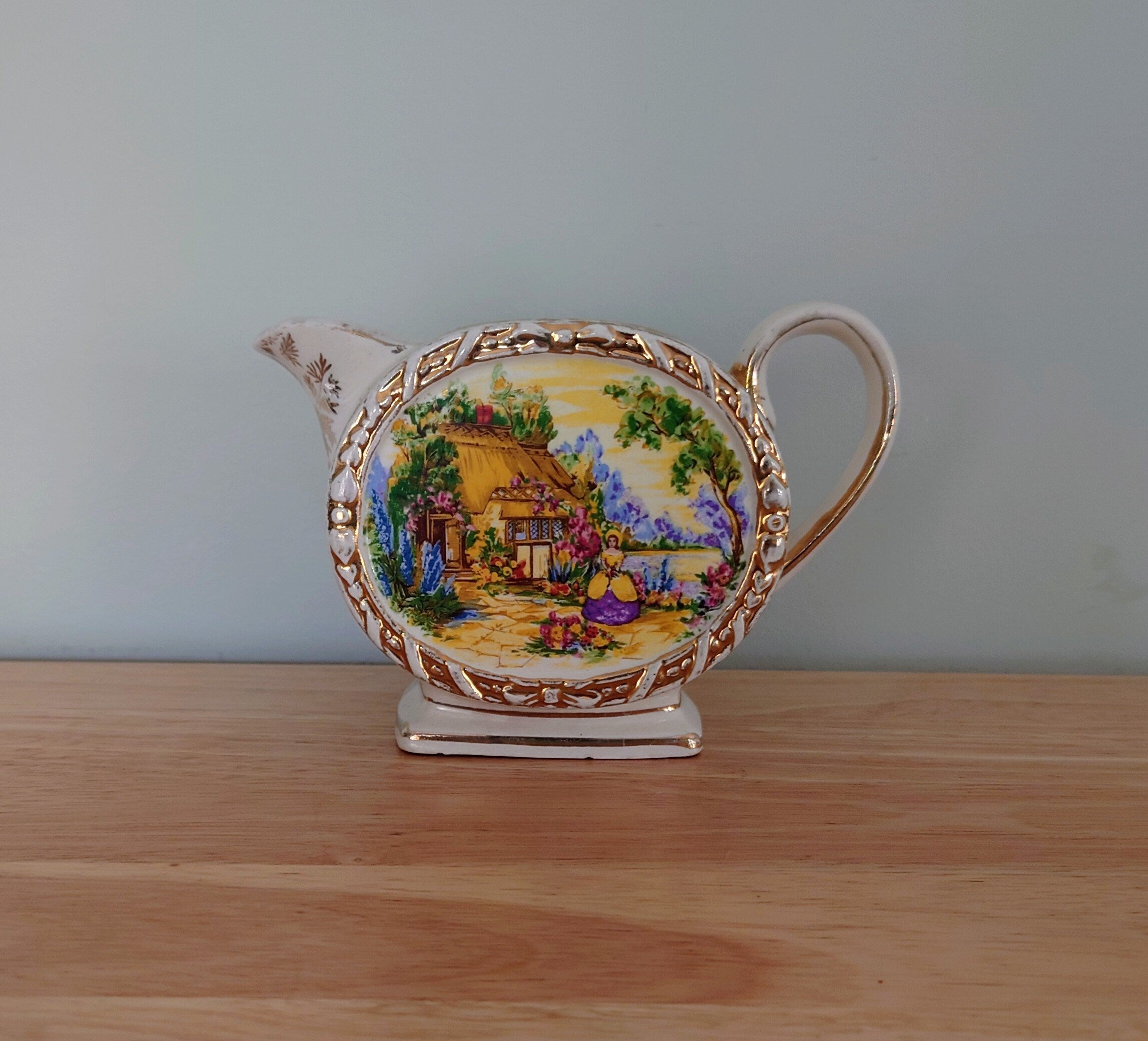 Vintage Saddler Milk Jug 1950's Mid Century Pottery Milk Jug Cottage Scene Gold Gilt Made in England Creamer