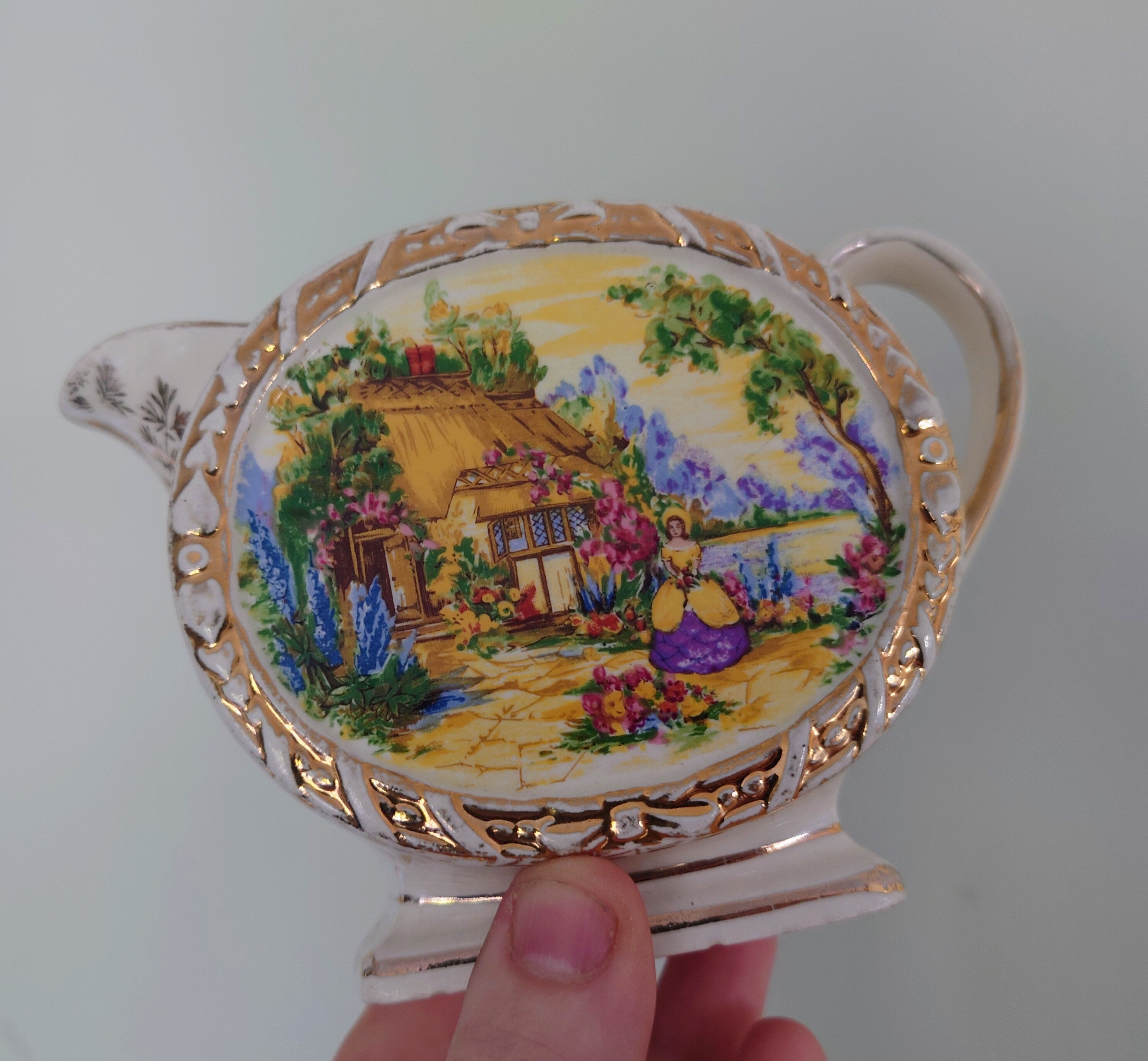 Vintage Saddler Milk Jug 1950's Mid Century Pottery Milk Jug Cottage Scene Gold Gilt Made in England Creamer