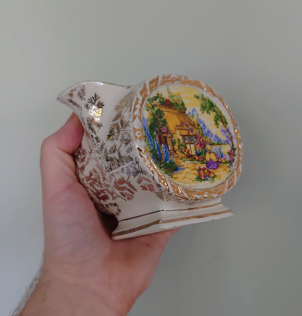 Vintage Saddler Milk Jug 1950's Mid Century Pottery Milk Jug Cottage Scene Gold Gilt Made in England Creamer