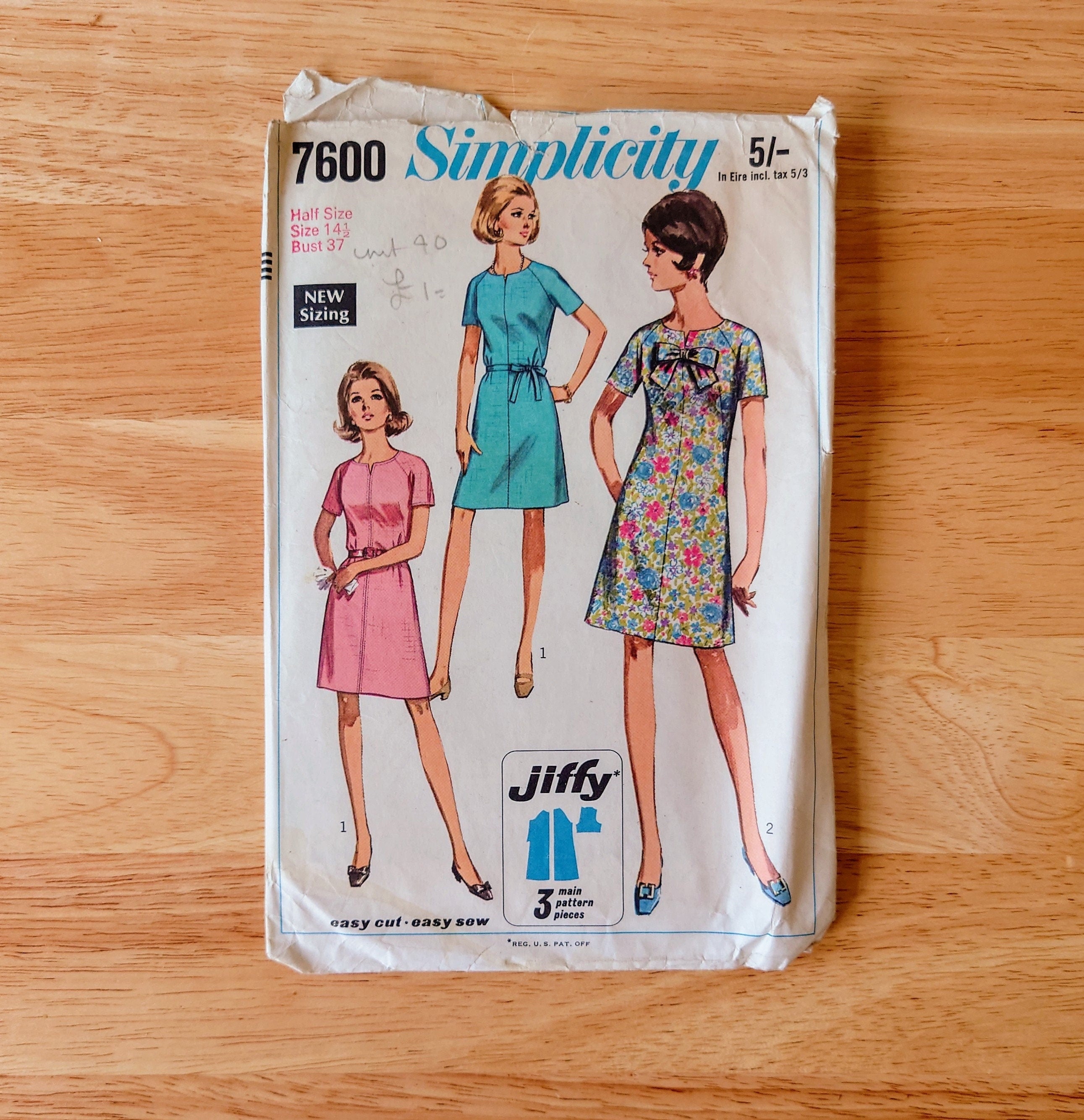 Vintage Jiffy Dress Sewing Pattern Size 14 1960's Original Woman's Clothes Patterns Mid Century Sewing Pattern Knitting Design Pattern Print