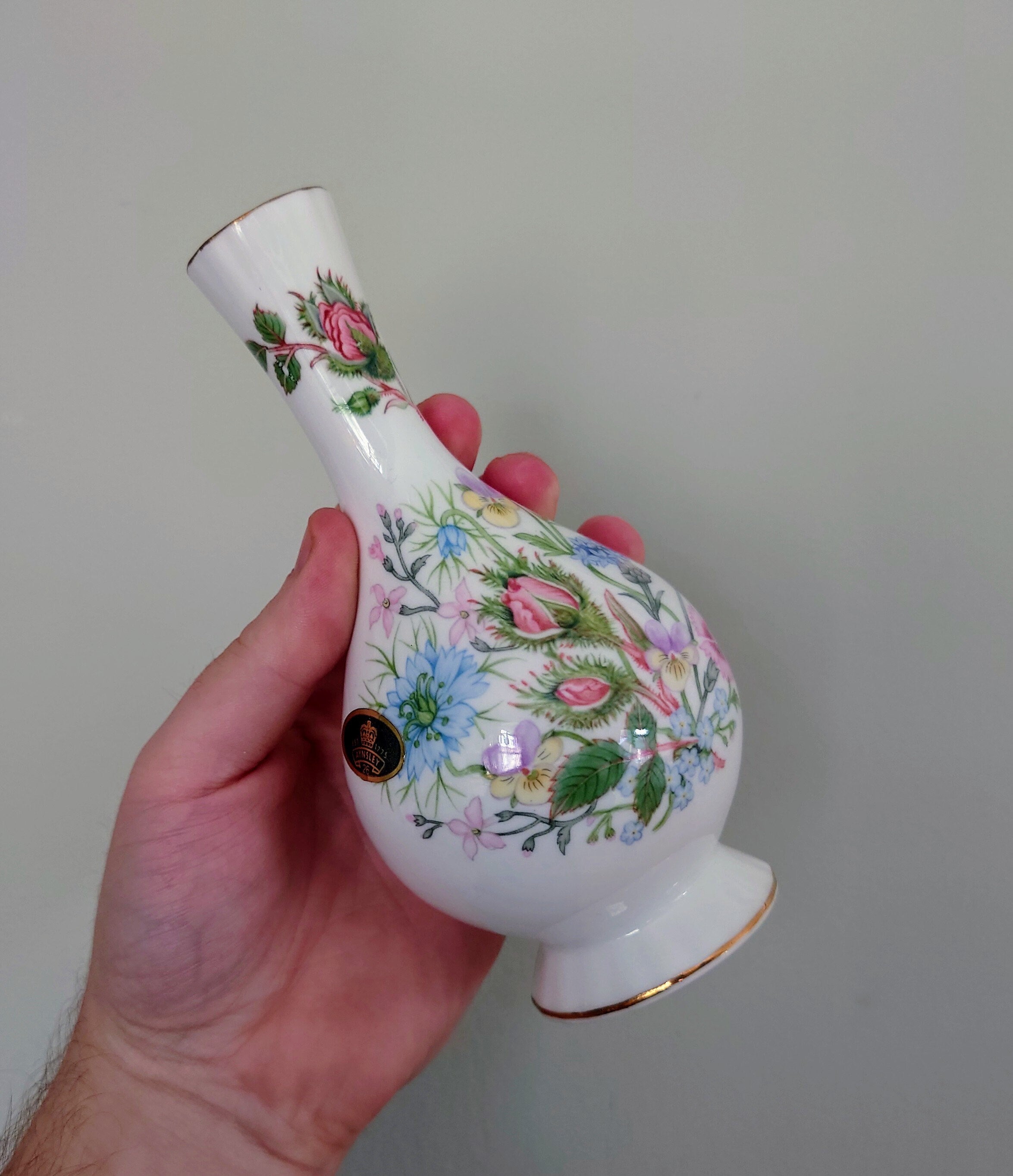 Wild Tudor Aynsley 6" Bud Vase Globe  Porcelain Made in England Wild Tudor Pattern Collectable Vintage Fine Porcelain Ceramic Floral Vase