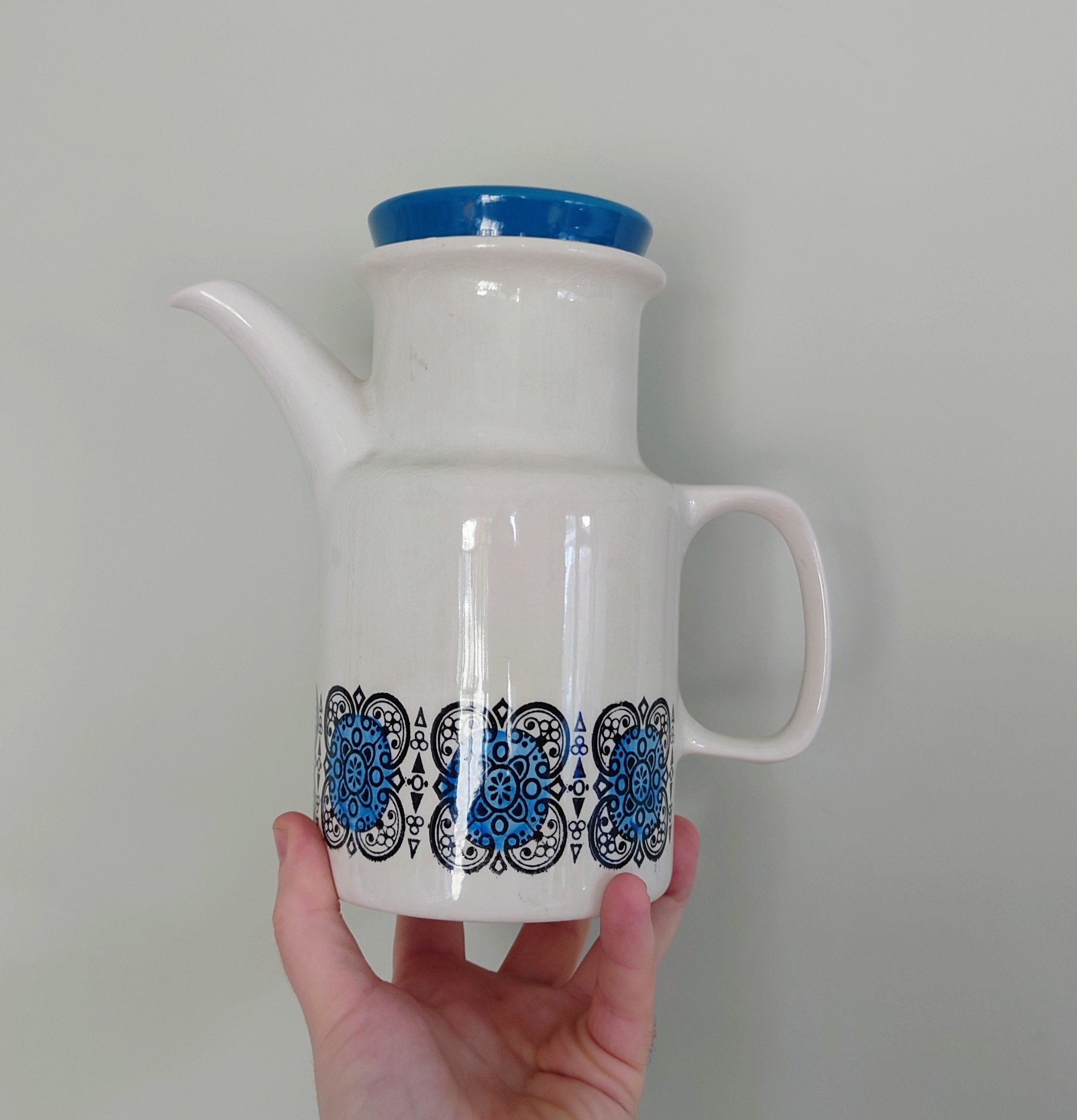 Vintage Coffee Pot Biltons fine white ironstone pottery blue Coffee Pot Made in England Retro 70S Mid Century Afternoon Tea Staffordshire