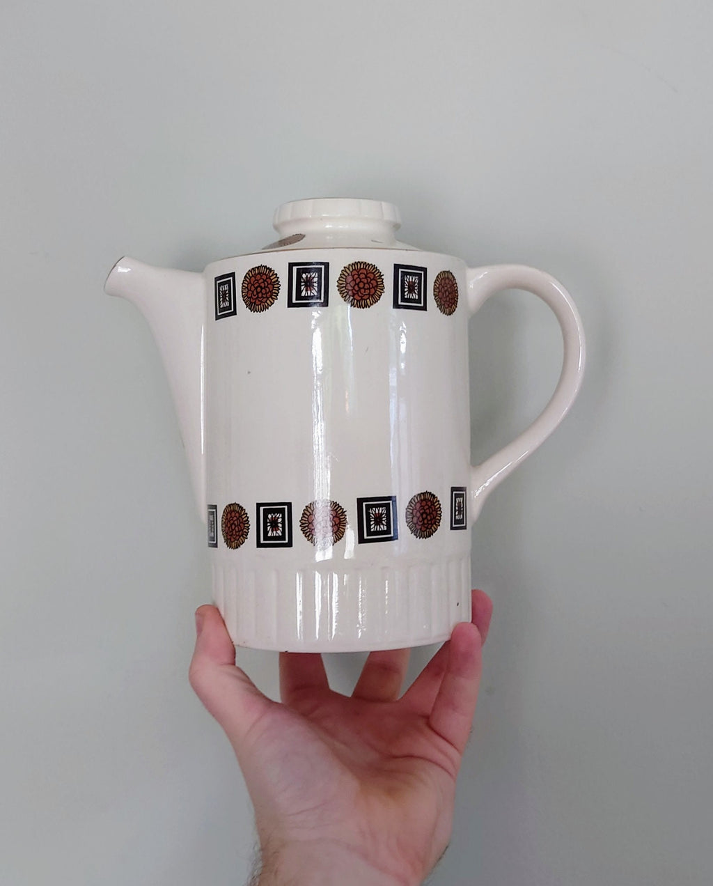 Vintage Teapot Retro Cream and Brown 1970's Ceramic Coffeepot Brown 1970's Retro Earthenware Gold Gilt Handle