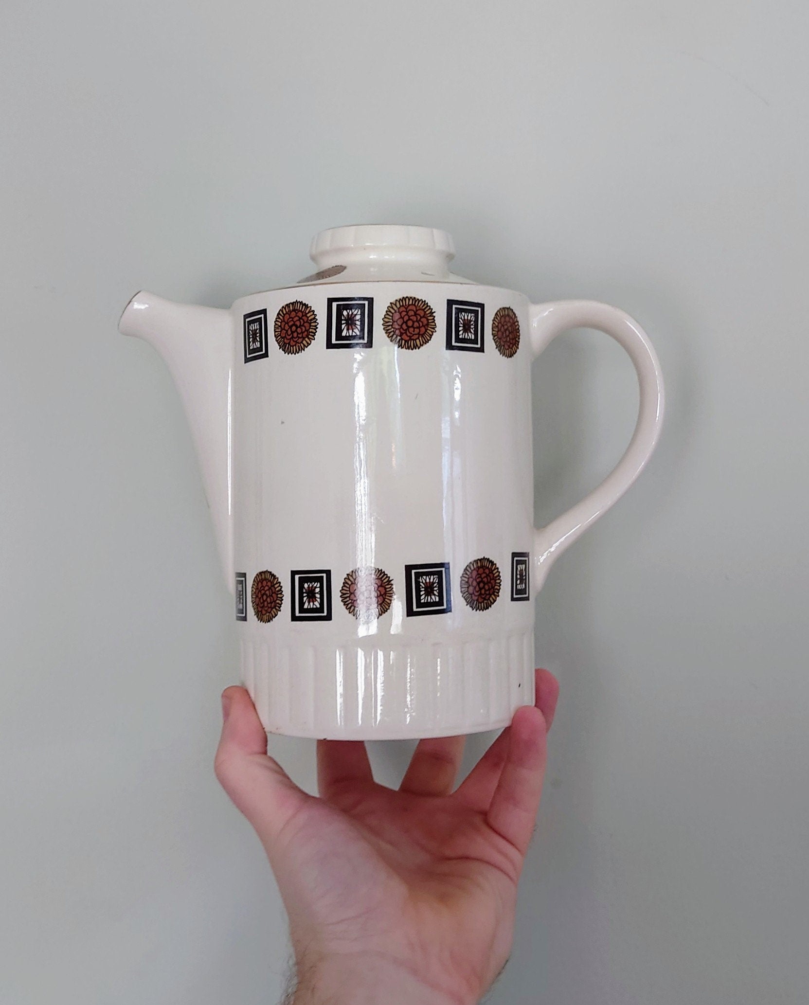 Vintage Teapot Retro Cream and Brown 1970's Ceramic Coffeepot Brown 1970's Retro Earthenware Gold Gilt Handle