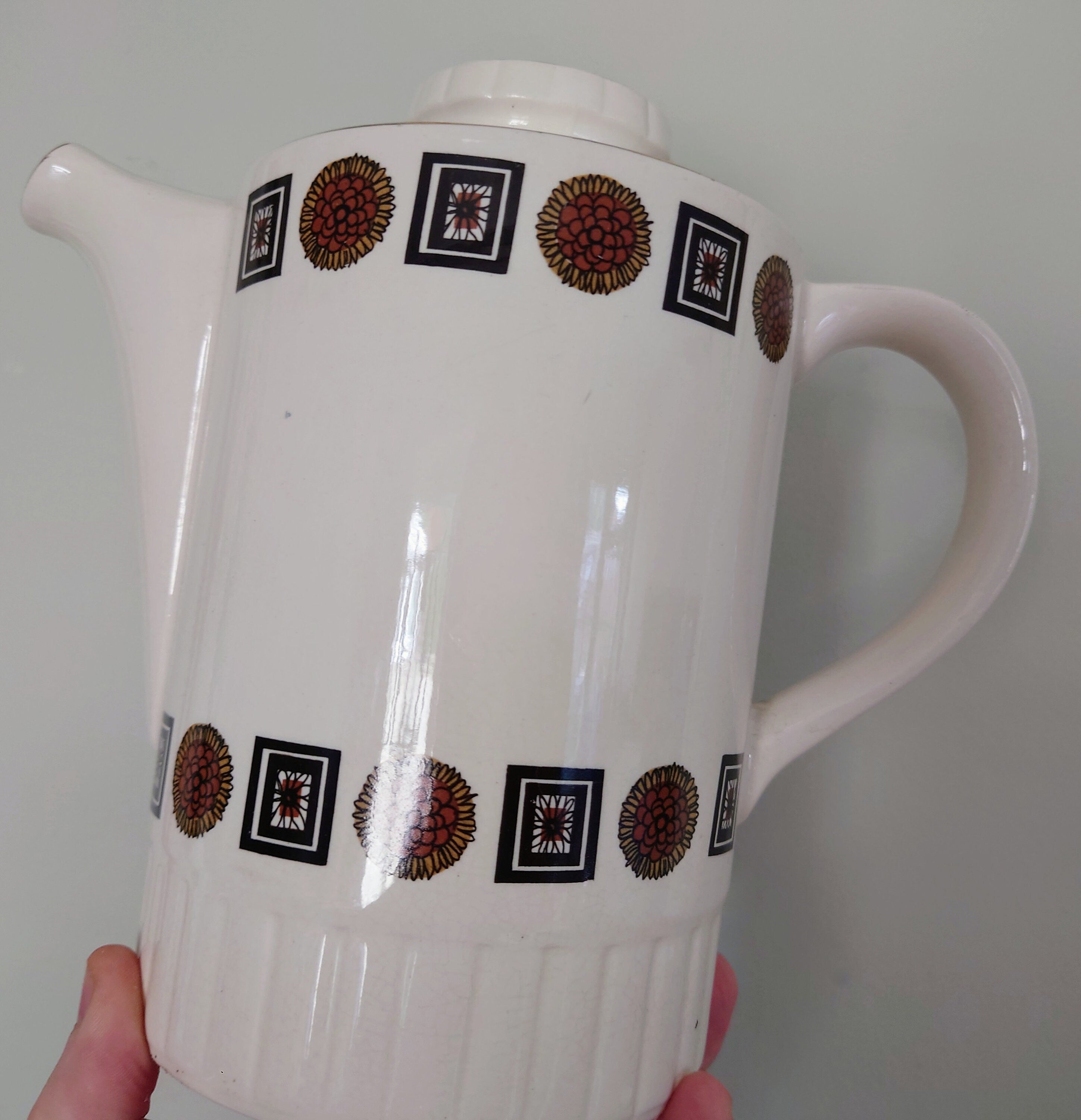 Vintage Teapot Retro Cream and Brown 1970's Ceramic Coffeepot Brown 1970's Retro Earthenware Gold Gilt Handle