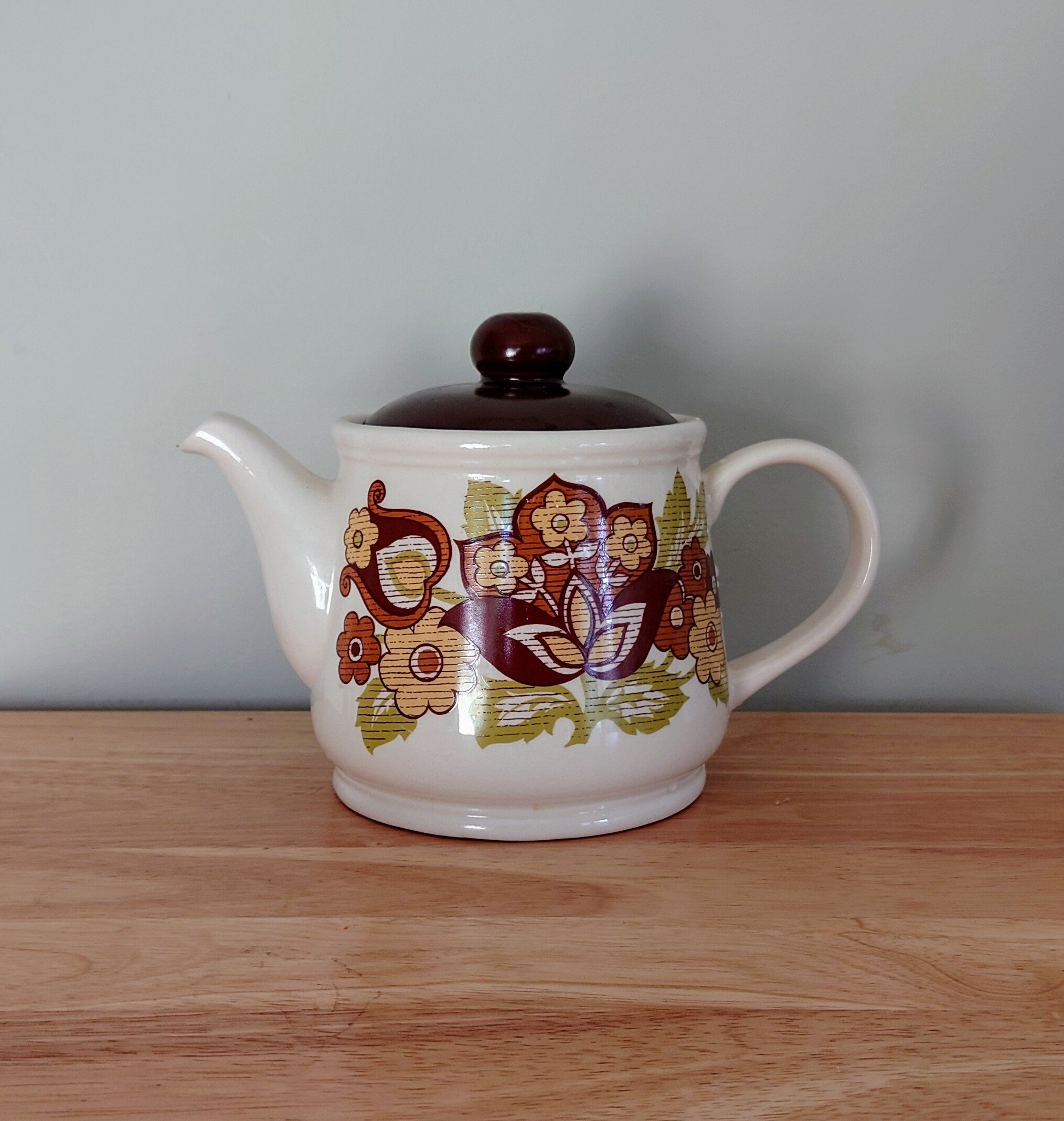 Vintage Teapot Retro Brown Floral Ceramic 1970's Brown 1970's Retro Earthenware Saddler Teapot Novelty Decorative Kitsch Retro Teapot