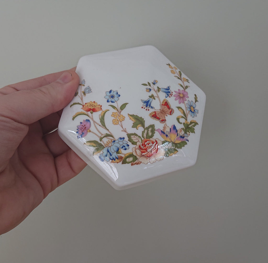 Hexagonal Box and Lid Cottage Garden Aynsley Jewellery Fine Bone China Porcelain Made in England Cottage Garden Pattern Collectable Vintage