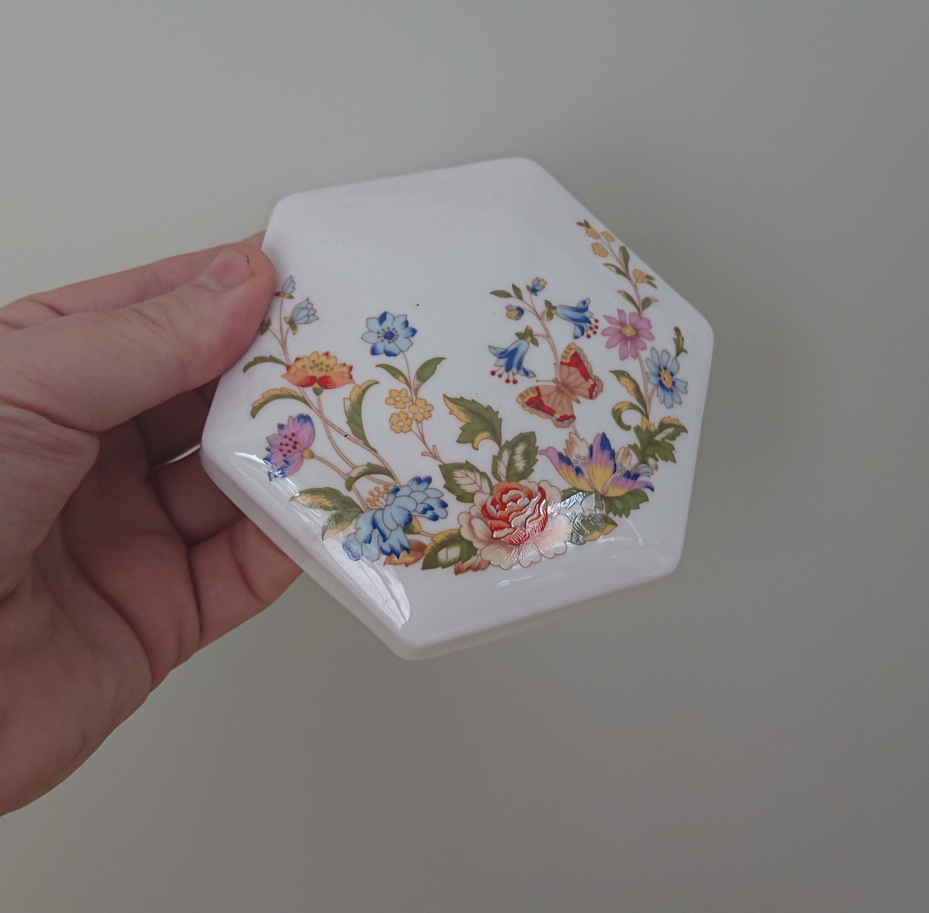 Hexagonal Box and Lid Cottage Garden Aynsley Jewellery Fine Bone China Porcelain Made in England Cottage Garden Pattern Collectable Vintage