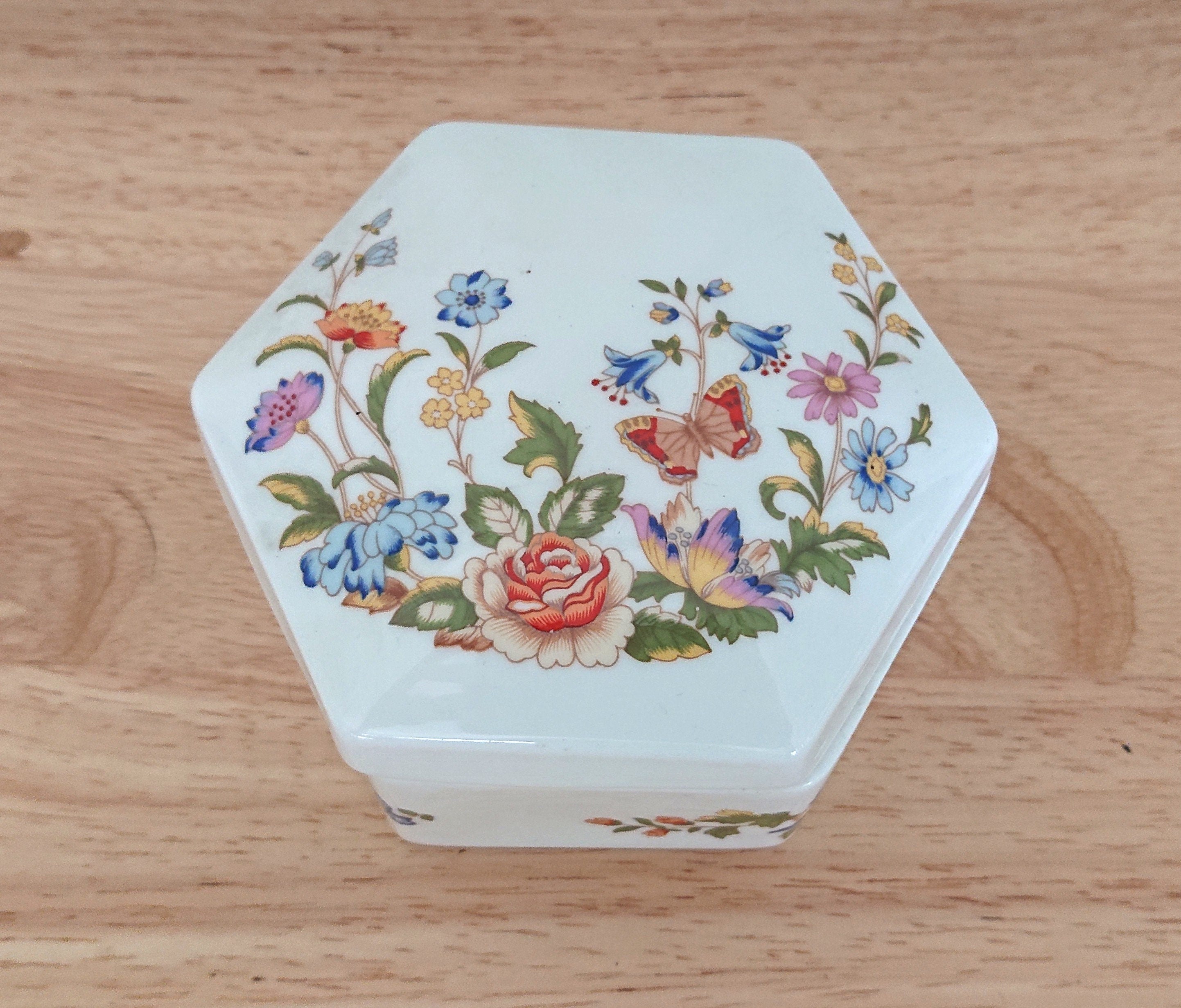 Hexagonal Box and Lid Cottage Garden Aynsley Jewellery Fine Bone China Porcelain Made in England Cottage Garden Pattern Collectable Vintage