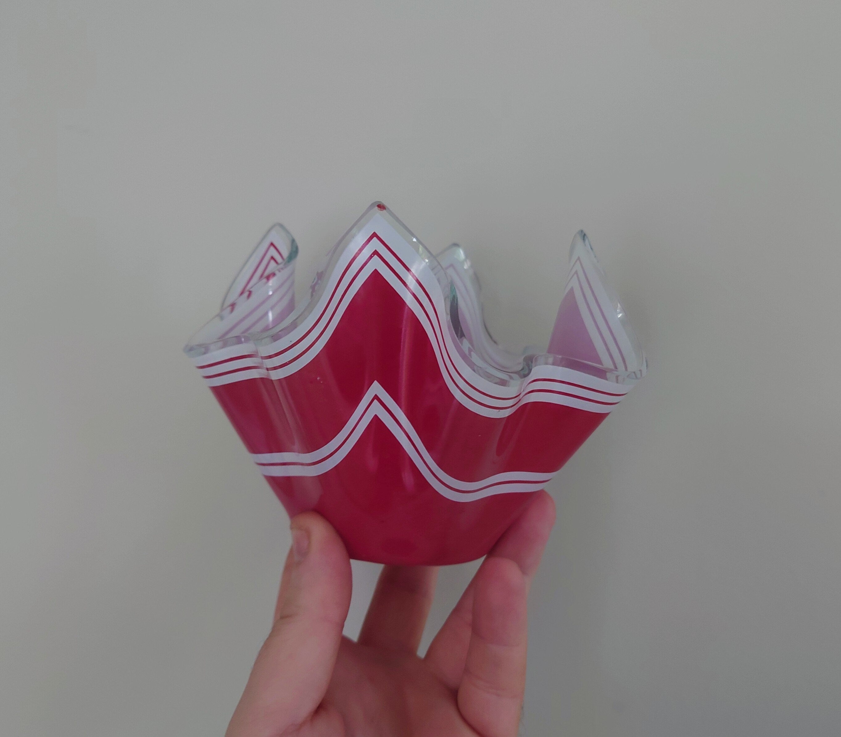 Vintage Handkerchief Footed Bowl Red and White, Art Glass Retro Chance Glass Murano Style Mid Century Decorative Retro