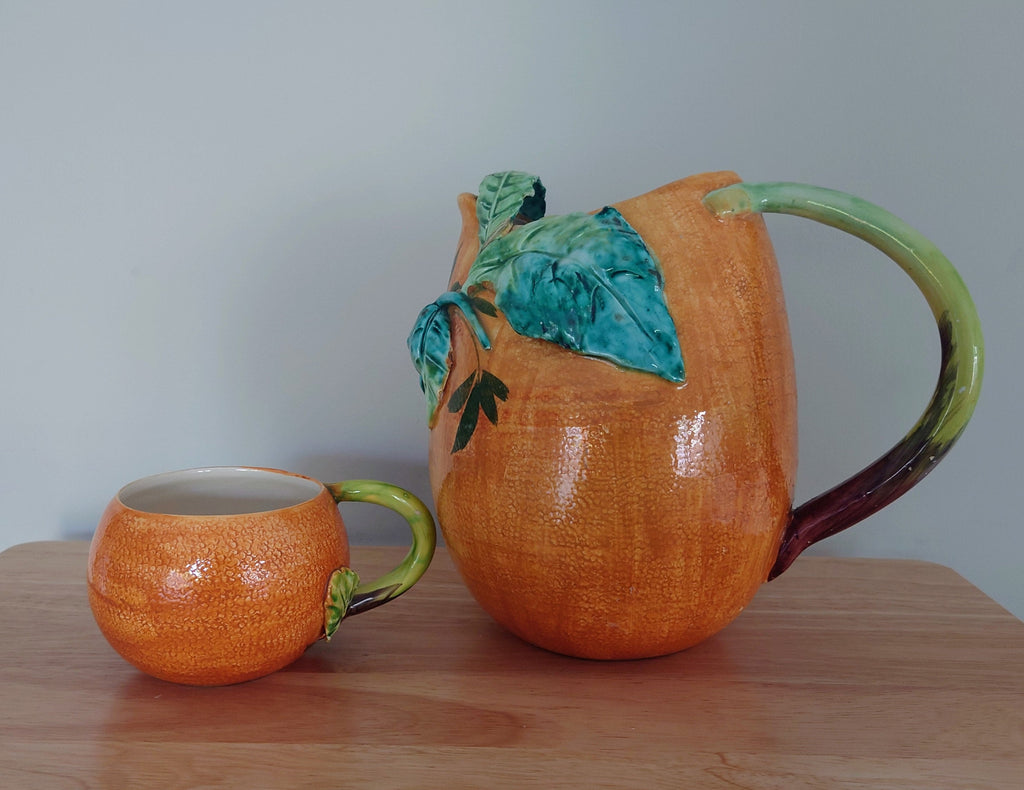 Vintage Jug Earthenware Majolica Style Made in Italy Jug and Cup Pitcher Set  Cocktail Jug, Juice Pitcher Pottery Jug Orange Vine Leaf