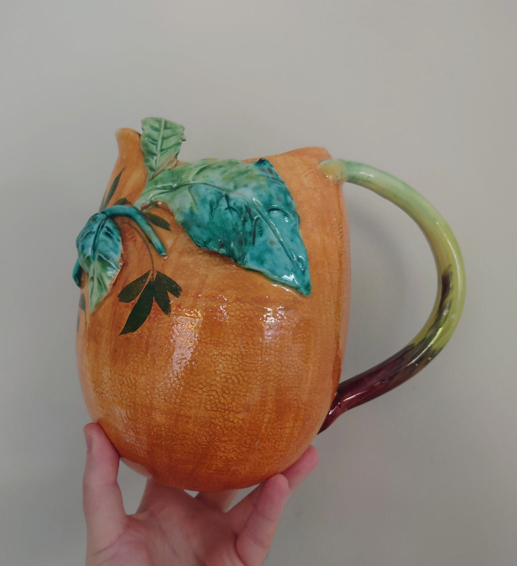 Vintage Jug Earthenware Majolica Style Made in Italy Jug and Cup Pitcher Set  Cocktail Jug, Juice Pitcher Pottery Jug Orange Vine Leaf