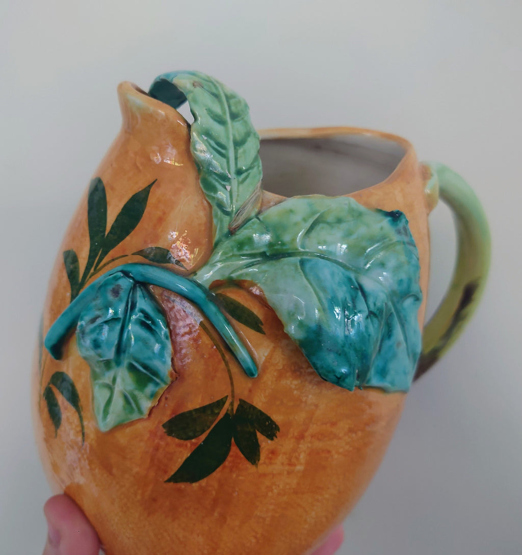 Vintage Jug Earthenware Majolica Style Made in Italy Jug and Cup Pitcher Set  Cocktail Jug, Juice Pitcher Pottery Jug Orange Vine Leaf