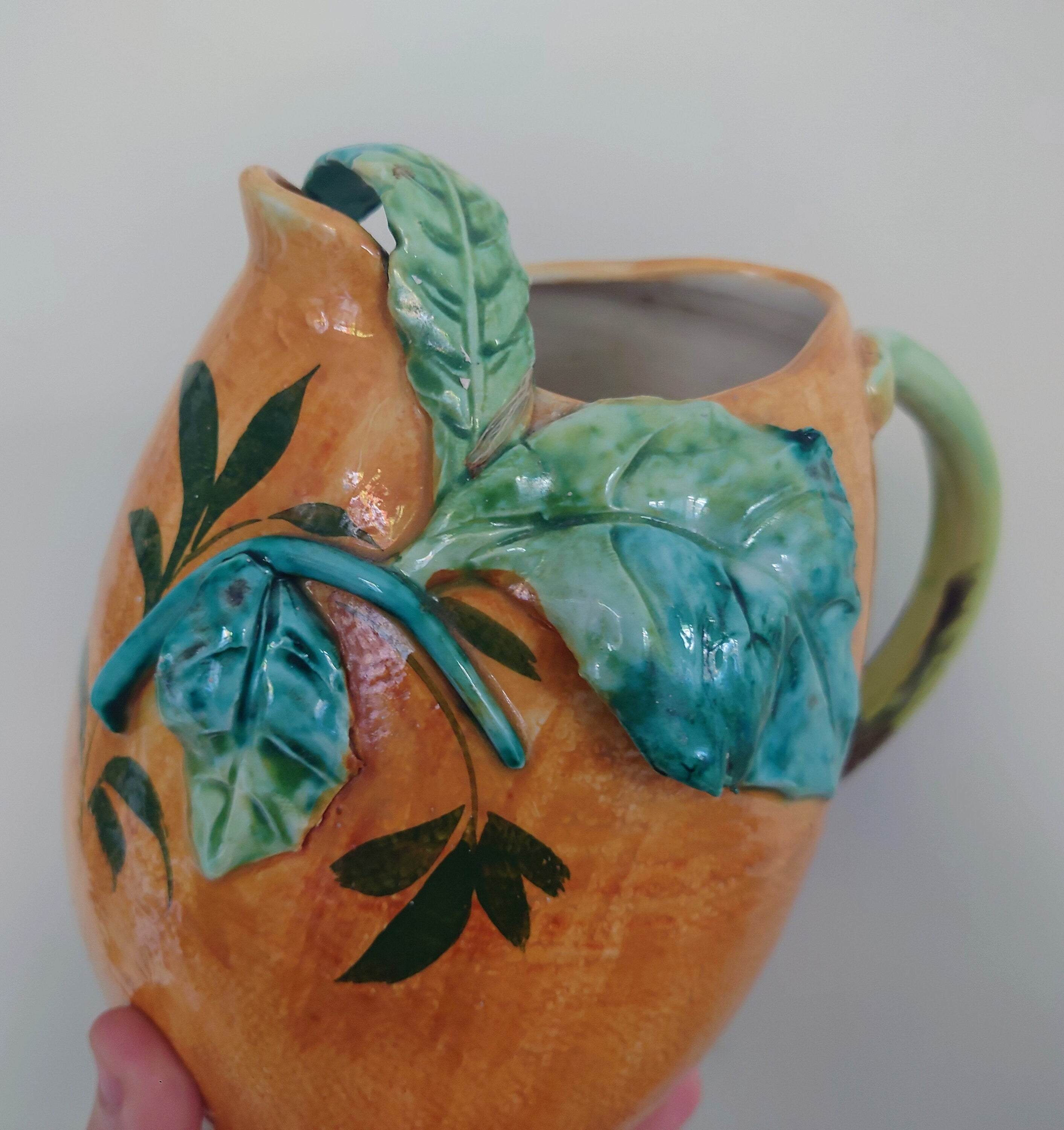 Vintage Jug Earthenware Majolica Style Made in Italy Jug and Cup Pitcher Set  Cocktail Jug, Juice Pitcher Pottery Jug Orange Vine Leaf