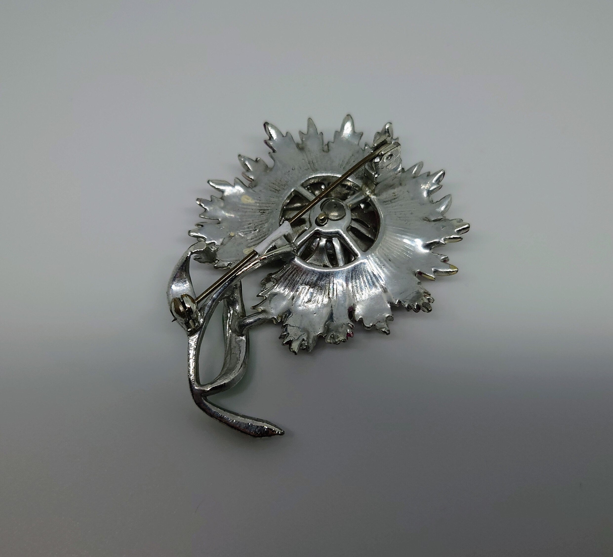 Silver Floral Brooch Vintage Pink and Purple Enamel Aurora Borealis Costume Jewellery Jewelry Pin 50's Pin Diamante Rhinestone Faux Pearl