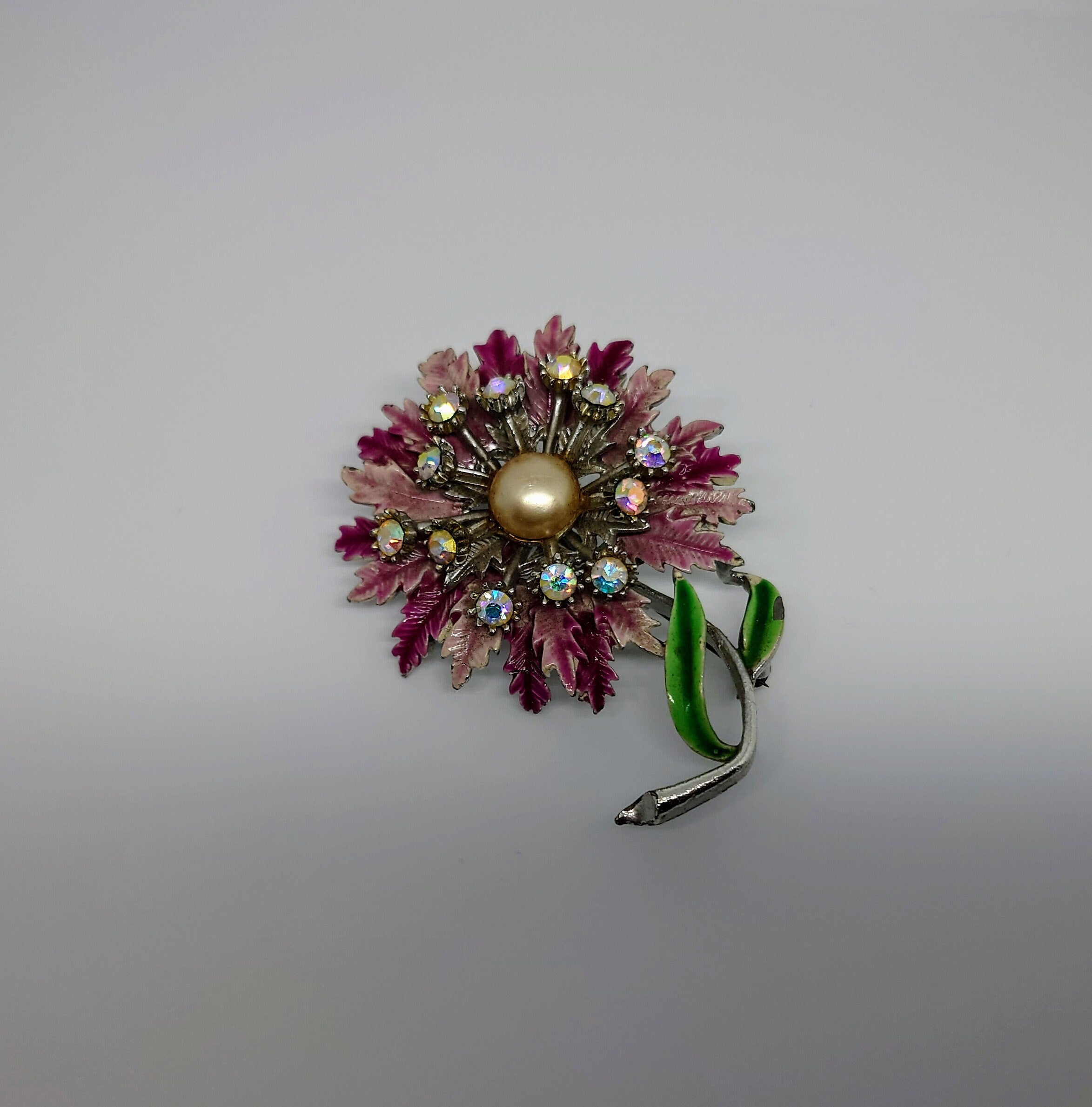 Silver Floral Brooch Vintage Pink and Purple Enamel Aurora Borealis Costume Jewellery Jewelry Pin 50's Pin Diamante Rhinestone Faux Pearl