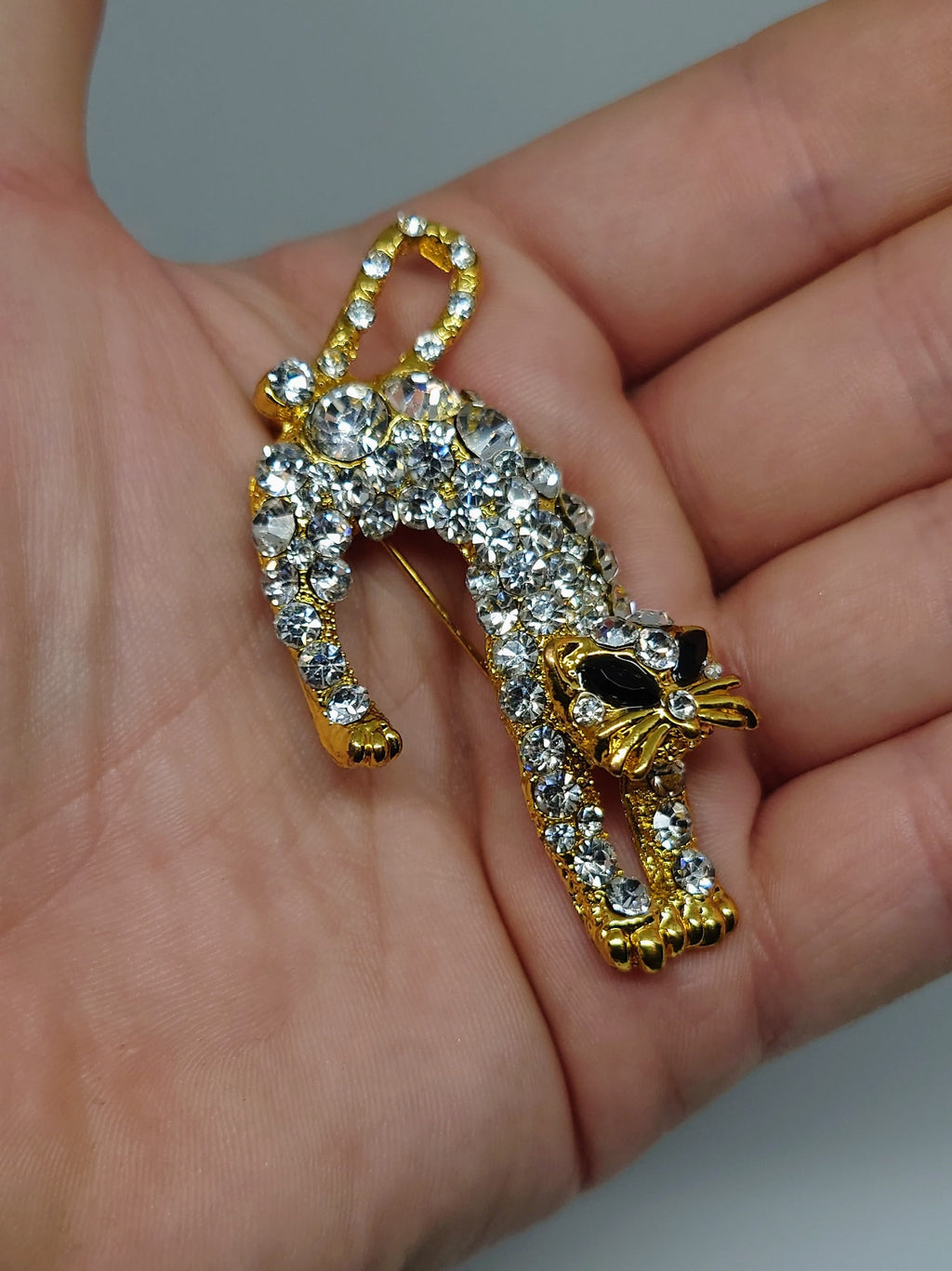 Vintage Cat Brooch Diamonte Rhinestone Cat Pin Halloween Costume Jewellery Jewelry Boxed GoldCrystal Jet Black Stone Gold Tone Pin