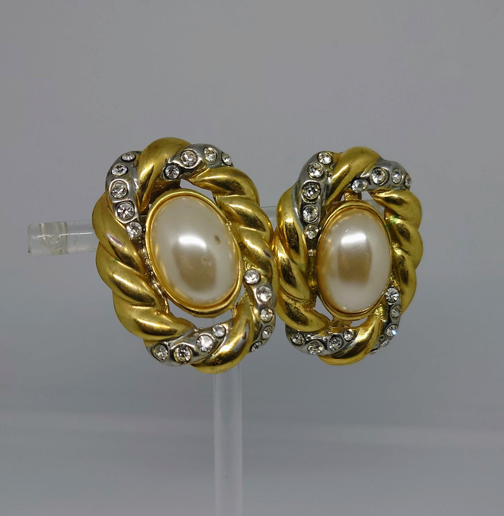 Vintage Gold Pearl Clip On Earrings Faux Pearl diamante Rhinestone Silver Tone Costume Jewellery Jewelry