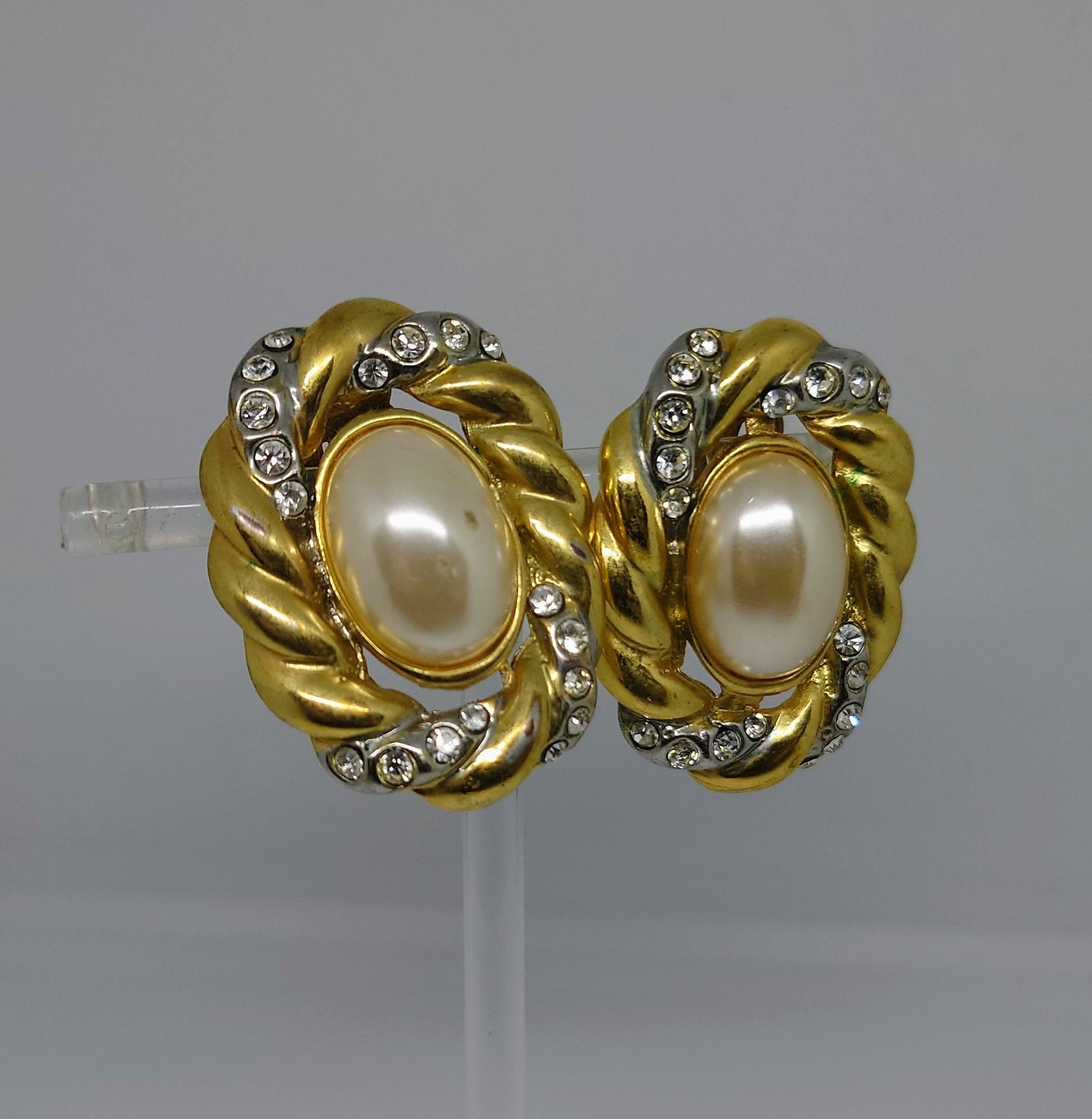 Vintage Gold Pearl Clip On Earrings Faux Pearl diamante Rhinestone Silver Tone Costume Jewellery Jewelry