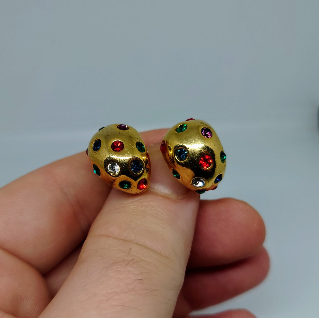 Vintage Gold Clip On Earrings Diamond Rhinestone Costume Jewellery Jewelry Diamante Green and Red Rhinestone Clip On's