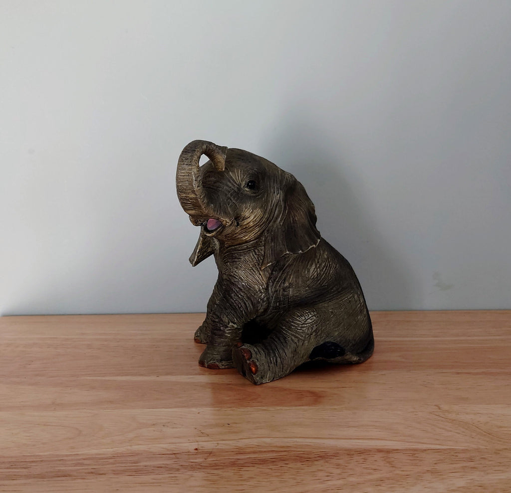 Vintage Large elephant Figurine Large Resin Collectable Animal Kitsch Bone China Mid Century  African Wildlife Trunk Up Good Luck