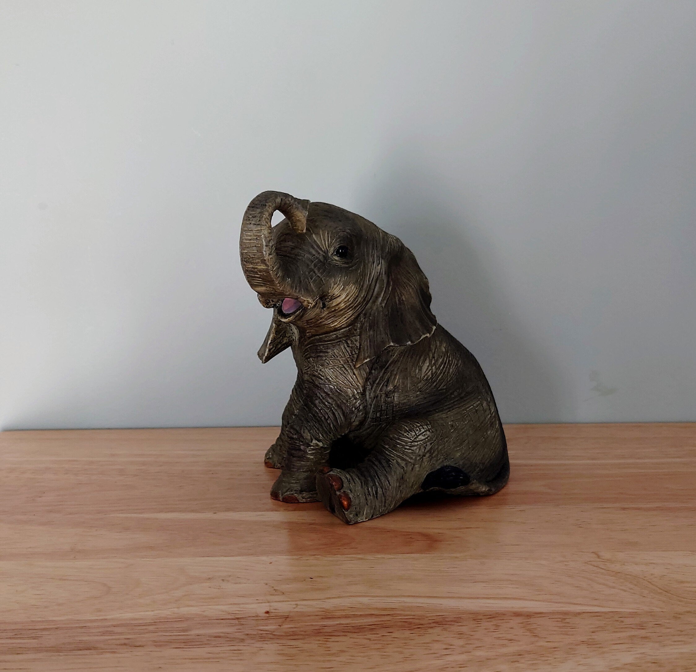 Vintage Large elephant Figurine Large Resin Collectable Animal Kitsch Bone China Mid Century  African Wildlife Trunk Up Good Luck
