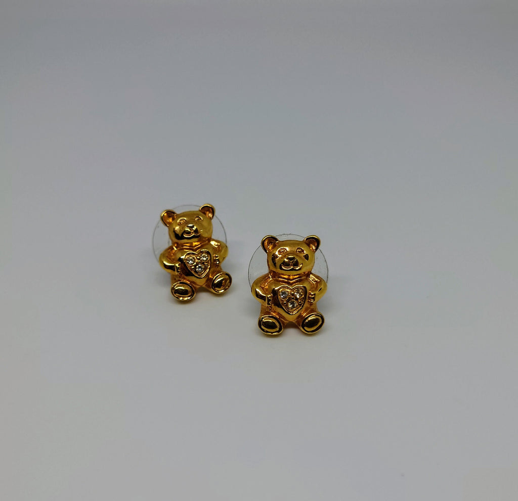 Gold Earrings Teddy Bear Gold Tone Enamel Costume Jewellery Jewelry Diamond Rhinestone Pin Gold Tone Metal