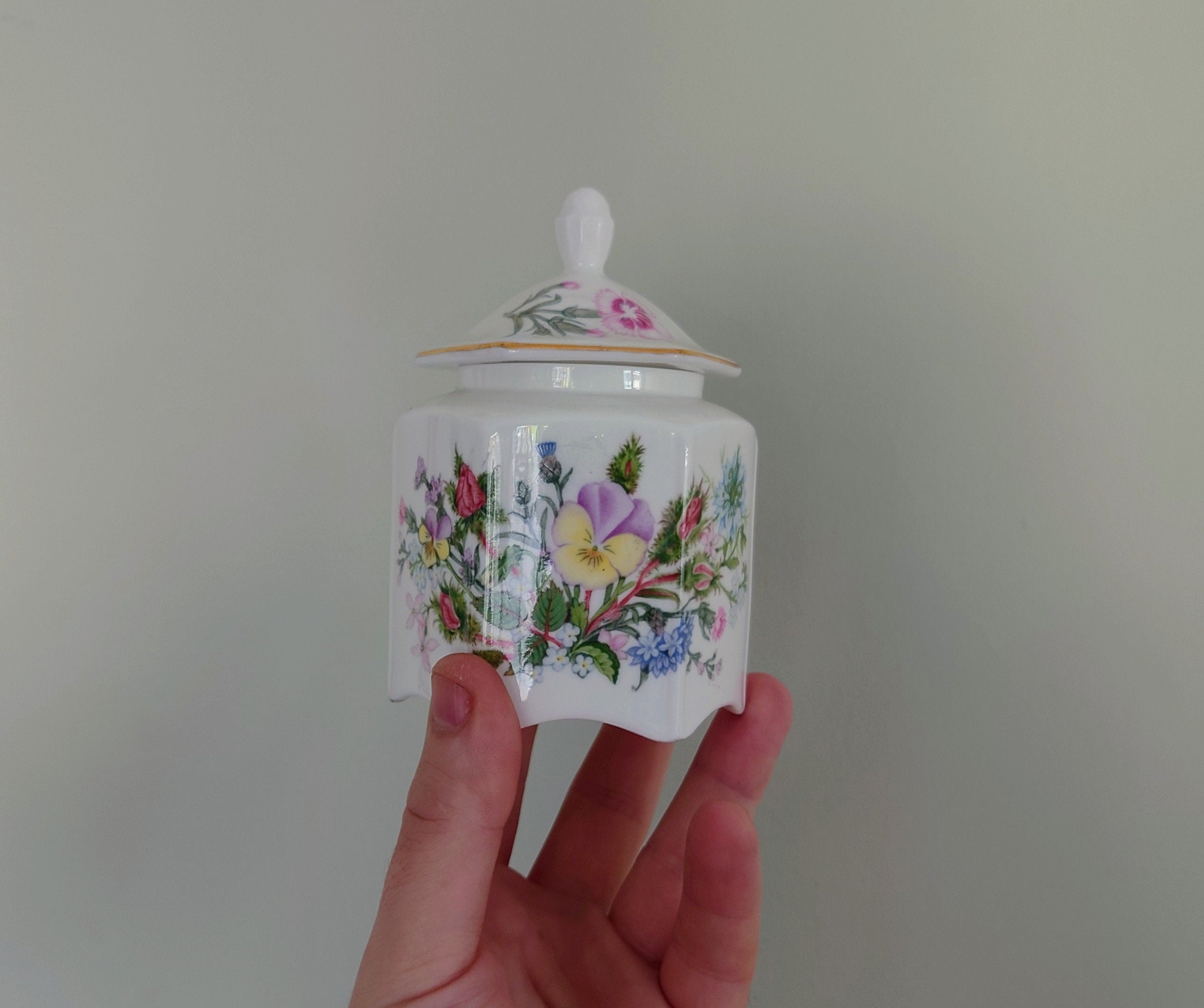 Aynsley Small Spice Jar with Lid Wild Tudor Fine Bone China Porcelain Made in England Wild Tudor Pattern Collectable Vintage
