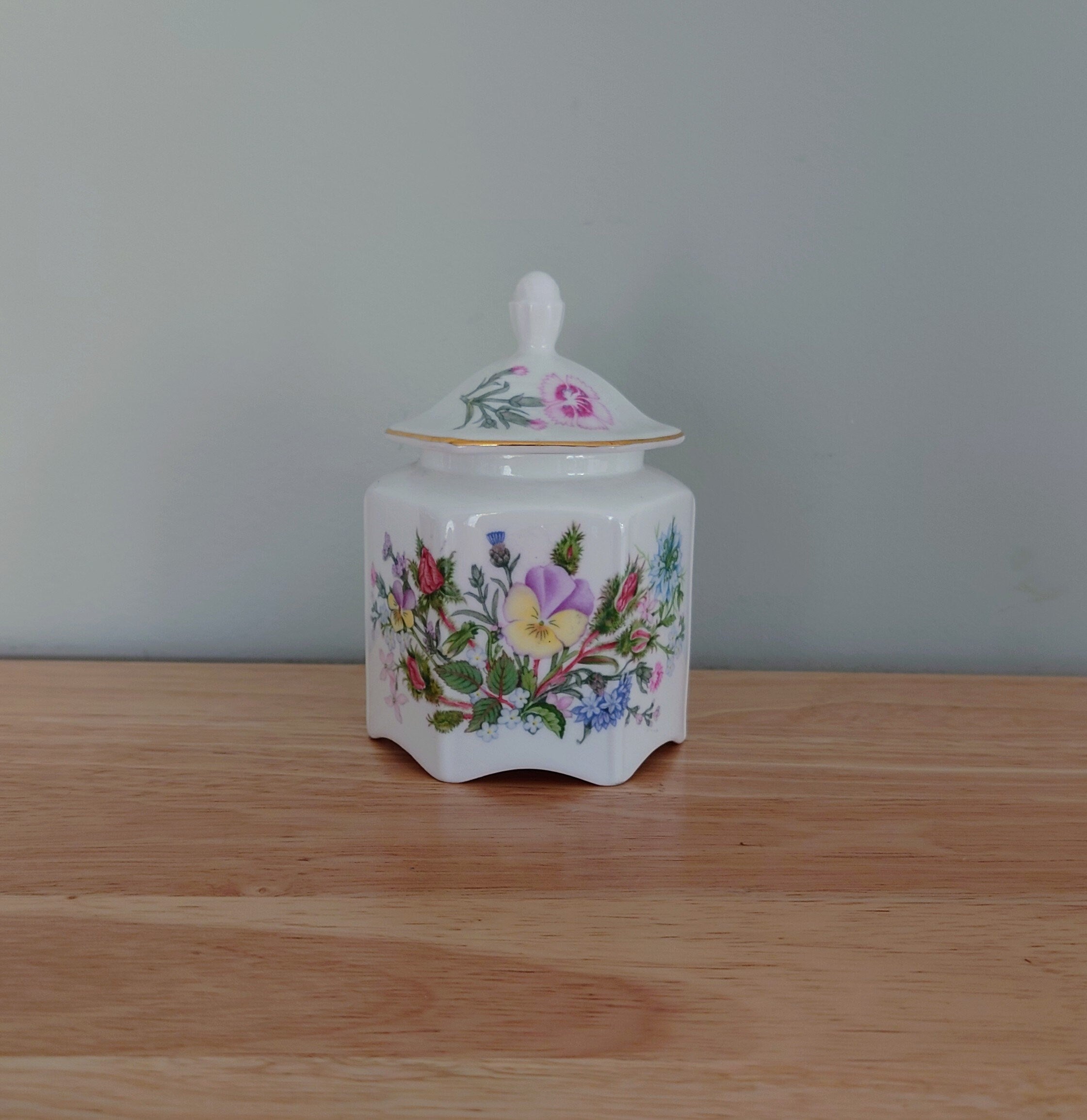 Aynsley Small Spice Jar with Lid Wild Tudor Fine Bone China Porcelain Made in England Wild Tudor Pattern Collectable Vintage