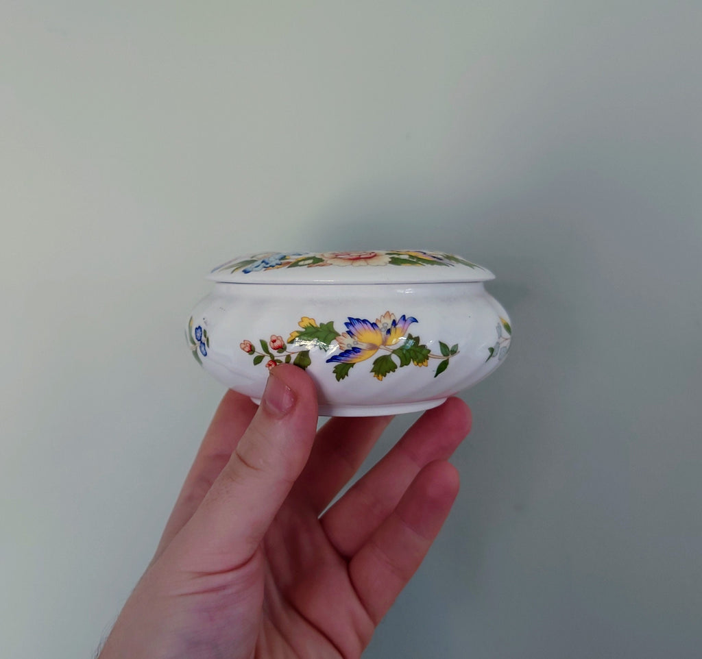 Round Trinket Box Cottage Garden Aynsley Jewellery Fine Bone China Porcelain Made in England Cottage Garden Pattern Collectable Vintage