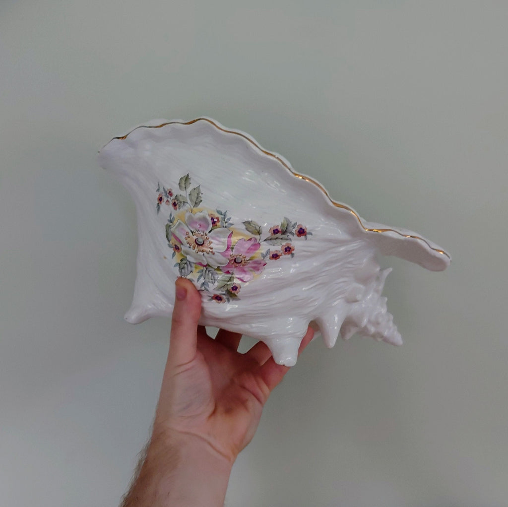 Large Vintage Large Planter Indoor Plant Pot White Pink Floral Gold Gilt Ceramic Planter Conch Shell Pot Pourri