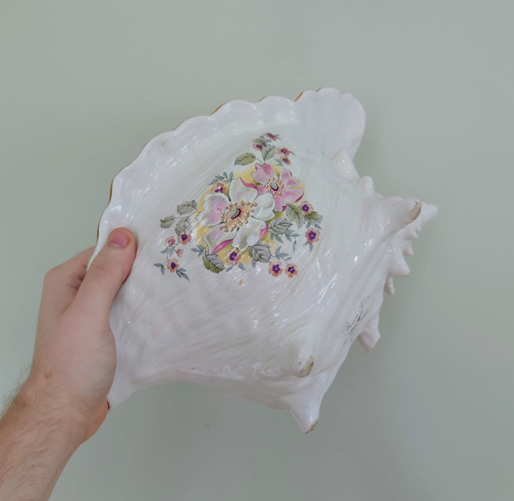 Large Vintage Large Planter Indoor Plant Pot White Pink Floral Gold Gilt Ceramic Planter Conch Shell Pot Pourri