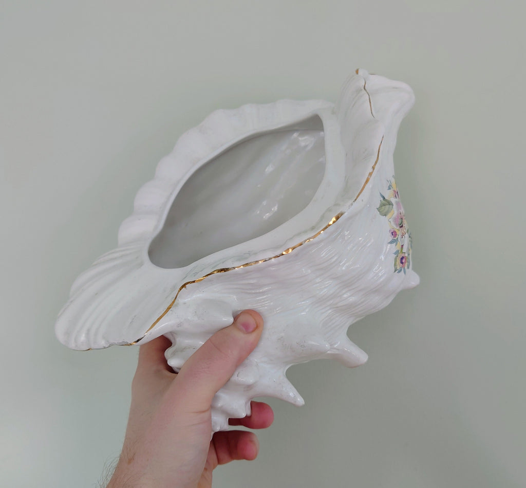 Large Vintage Large Planter Indoor Plant Pot White Pink Floral Gold Gilt Ceramic Planter Conch Shell Pot Pourri