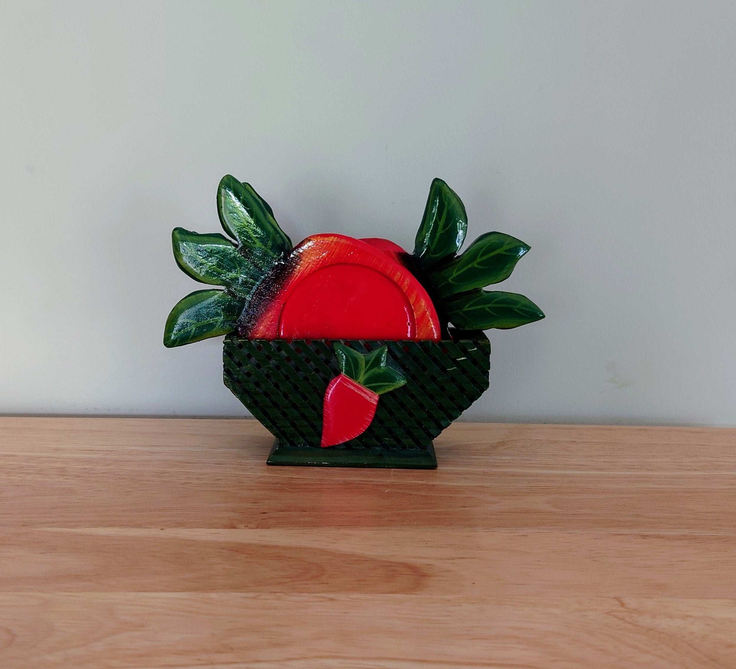 Vintage Wooden Coasters Carrot Orange Coasters with Stand Kitsch Country Cottage Wooden Coasters