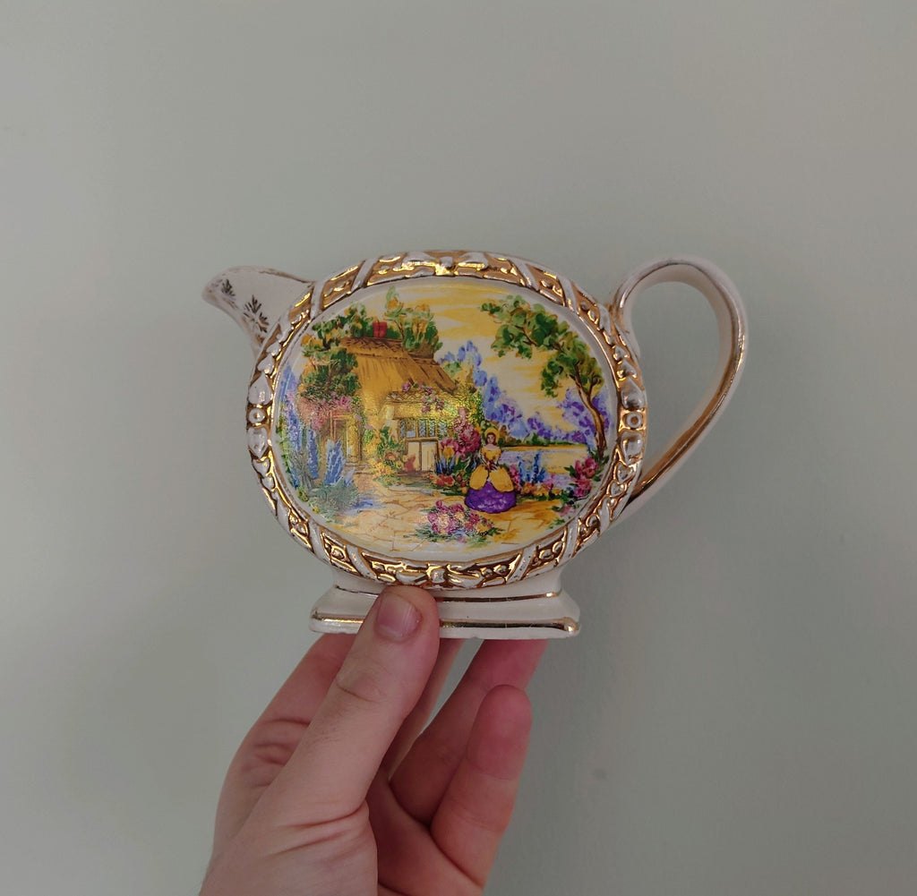 Vintage Saddler Milk Jug 1950's Mid Century Pottery Milk Jug Cottage Scene Gold Gilt Made in England Creamer