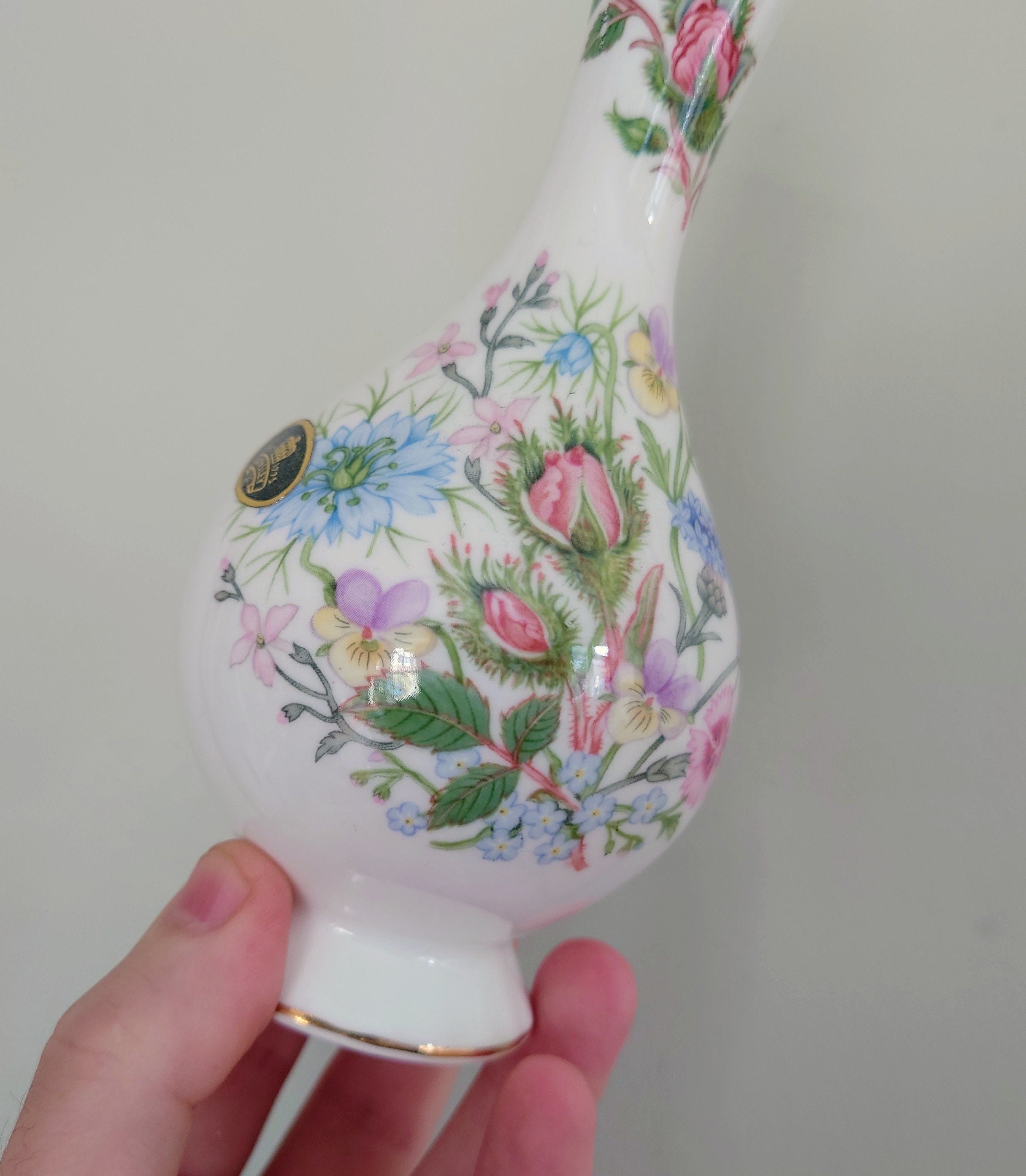Wild Tudor Aynsley 6" Bud Vase Globe  Porcelain Made in England Wild Tudor Pattern Collectable Vintage Fine Porcelain Ceramic Floral Vase