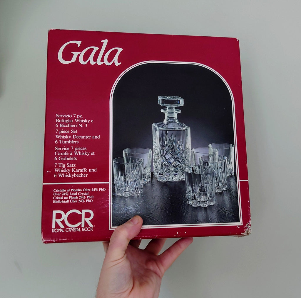 Vintage 1970's Boxed Moulded Glass Decanter Set Retro Drinkware Whisky Decanter with Glasses Gala Service Diamant