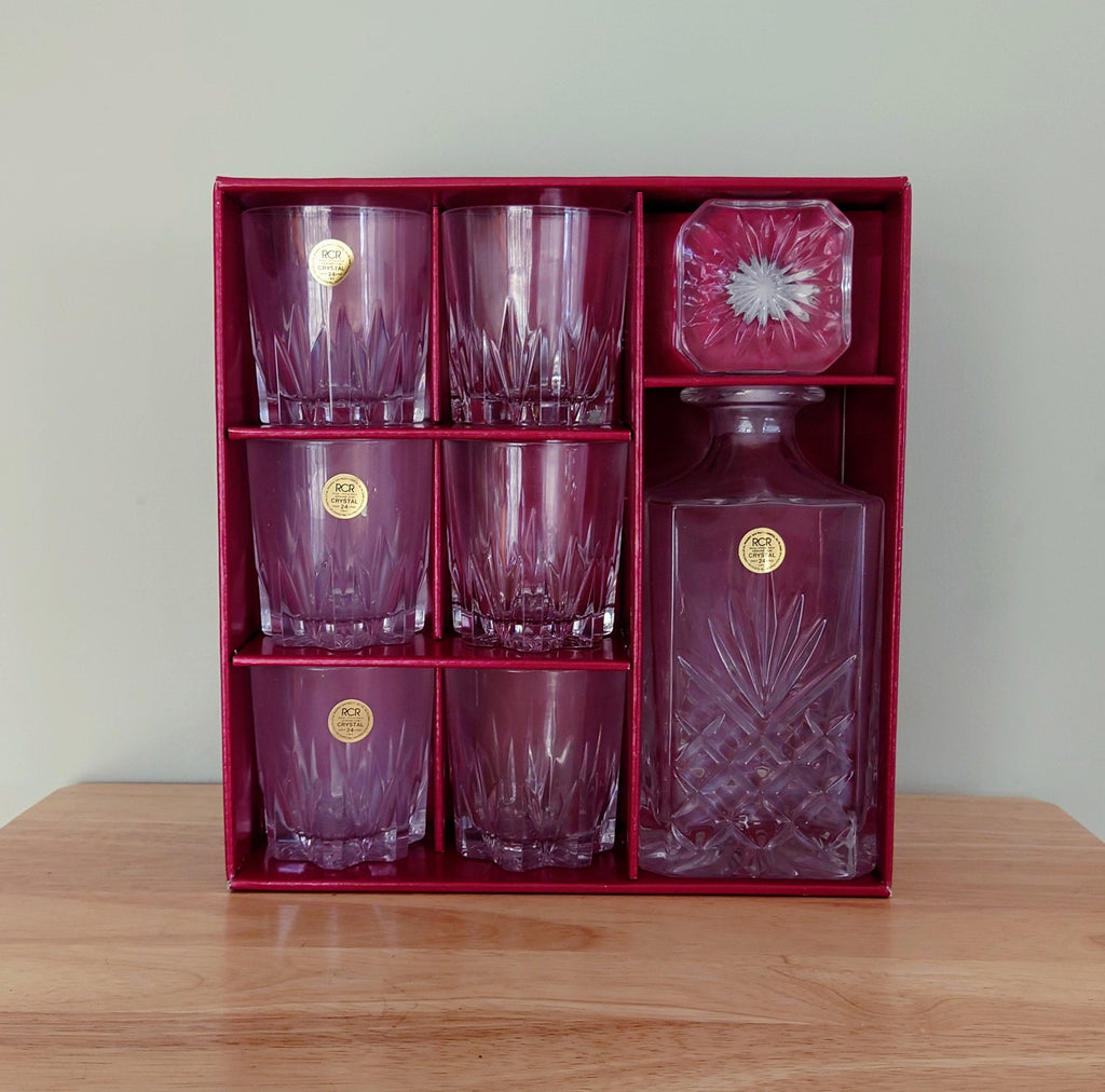 Vintage 1970's Boxed Moulded Glass Decanter Set Retro Drinkware Whisky Decanter with Glasses Gala Service Diamant