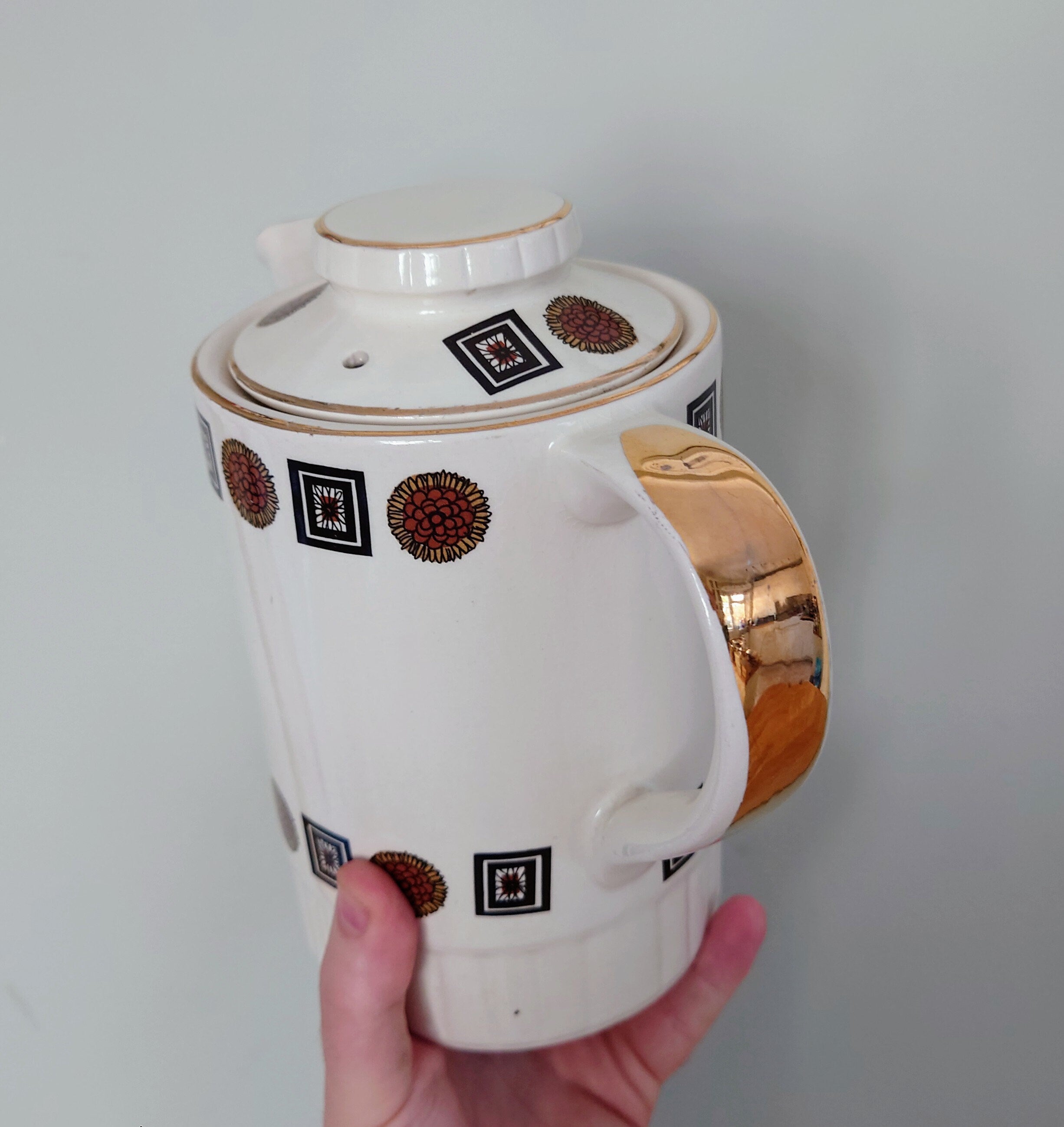 Vintage Teapot Retro Cream and Brown 1970's Ceramic Coffeepot Brown 1970's Retro Earthenware Gold Gilt Handle