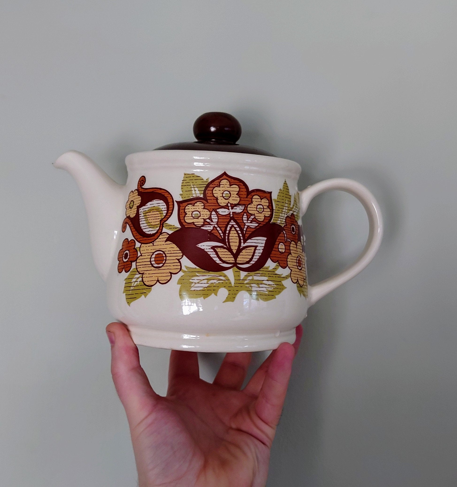 Vintage Teapot Retro Brown Floral Ceramic 1970's Brown 1970's Retro Earthenware Saddler Teapot Novelty Decorative Kitsch Retro Teapot
