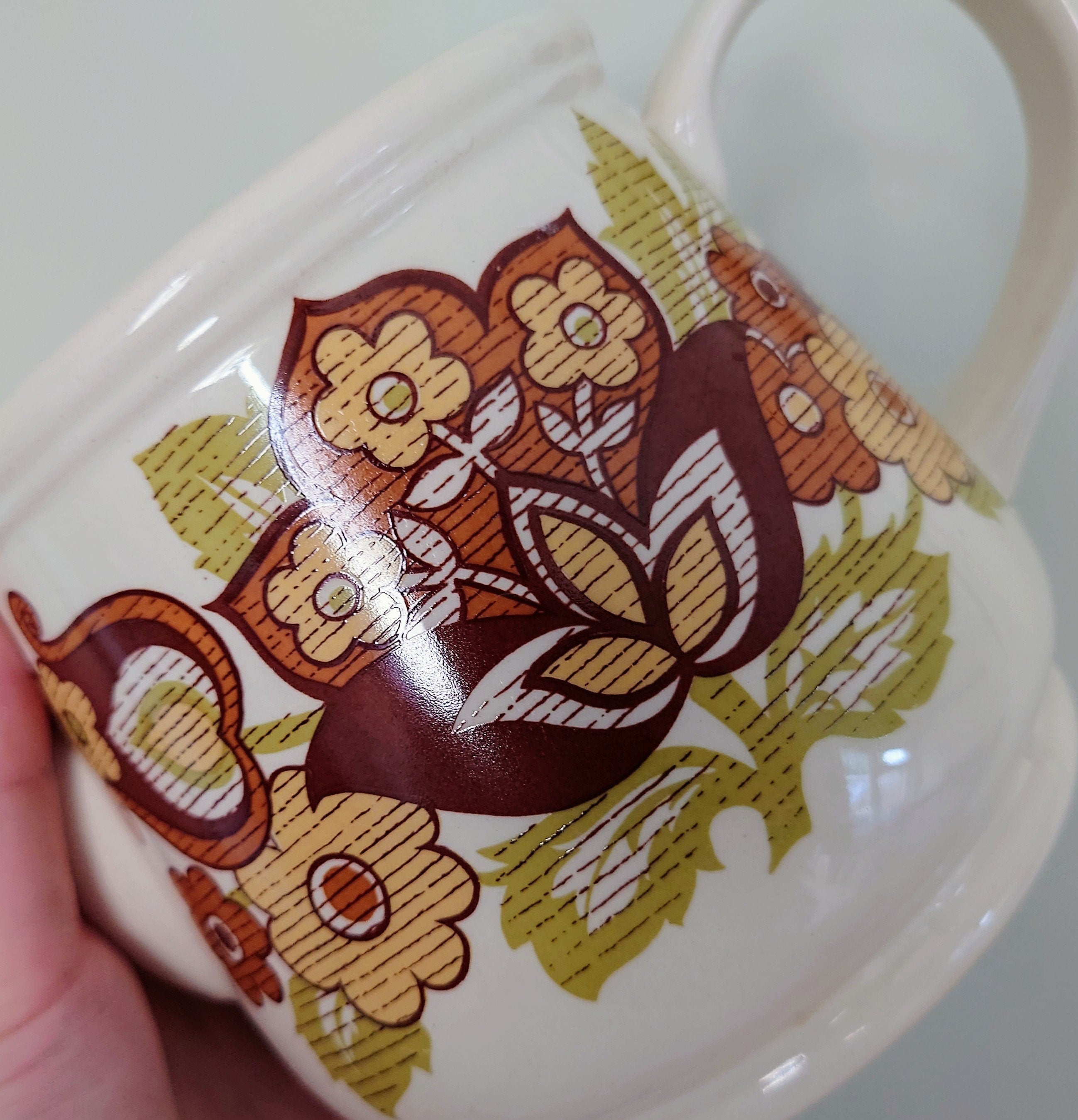 Vintage Teapot Retro Brown Floral Ceramic 1970's Brown 1970's Retro Earthenware Saddler Teapot Novelty Decorative Kitsch Retro Teapot