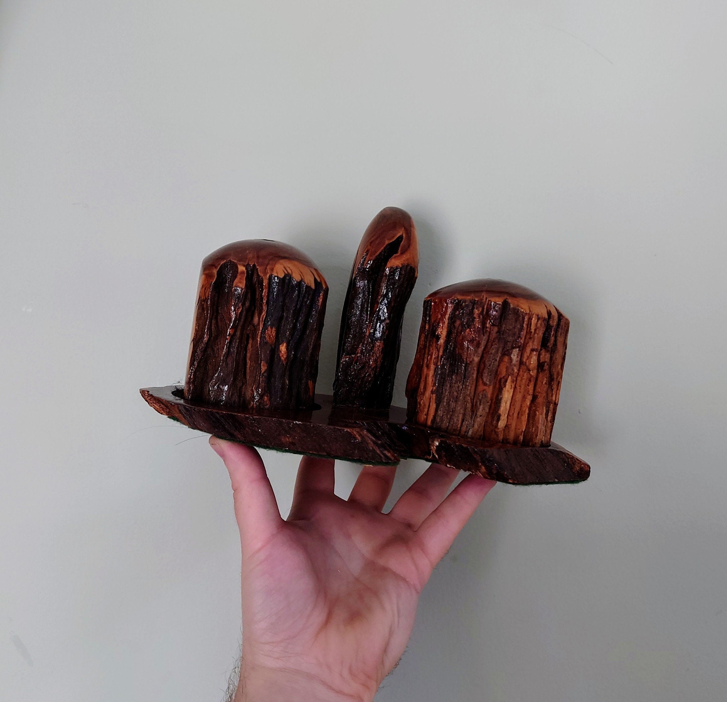 Vintage Salt and Pepper Cruets with Stand African Treen Wood Hand Carved 1953 Weatherwoods Handcrafted Salt and Pepper Shaker Vintage Salts
