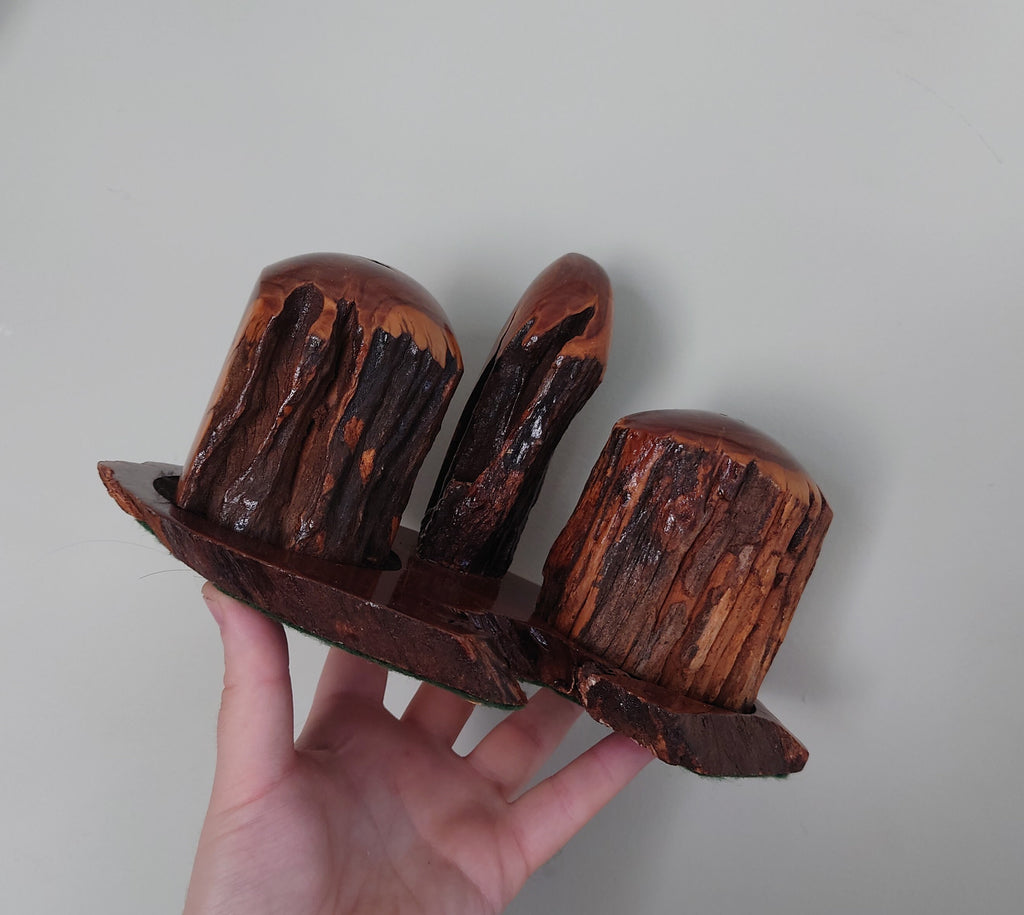 Vintage Salt and Pepper Cruets with Stand African Treen Wood Hand Carved 1953 Weatherwoods Handcrafted Salt and Pepper Shaker Vintage Salts