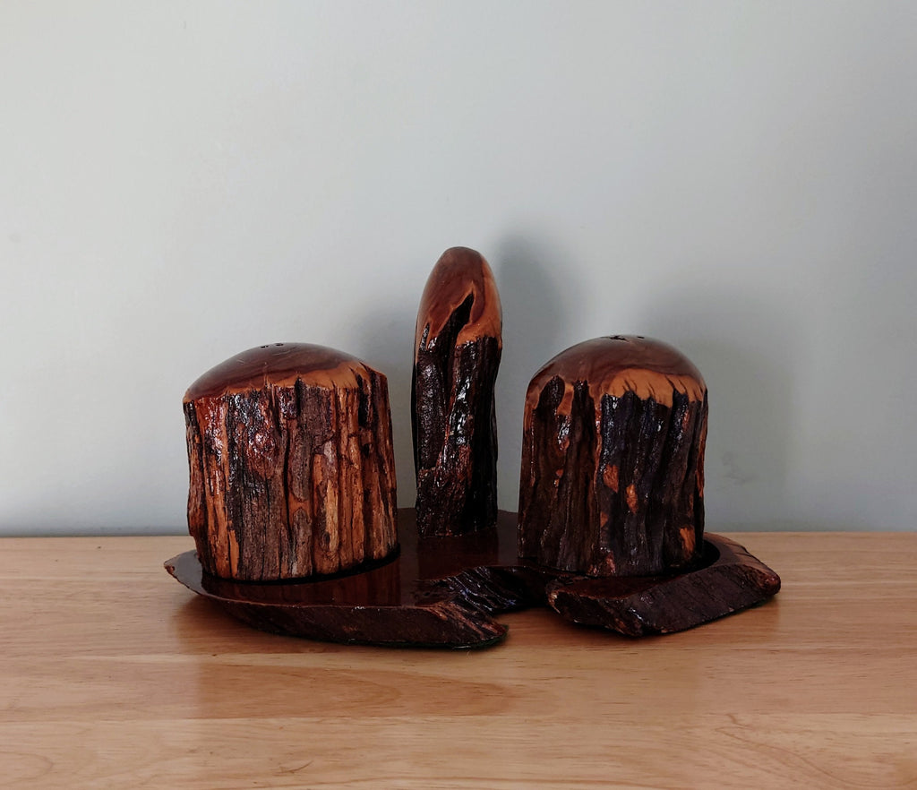 Vintage Salt and Pepper Cruets with Stand African Treen Wood Hand Carved 1953 Weatherwoods Handcrafted Salt and Pepper Shaker Vintage Salts