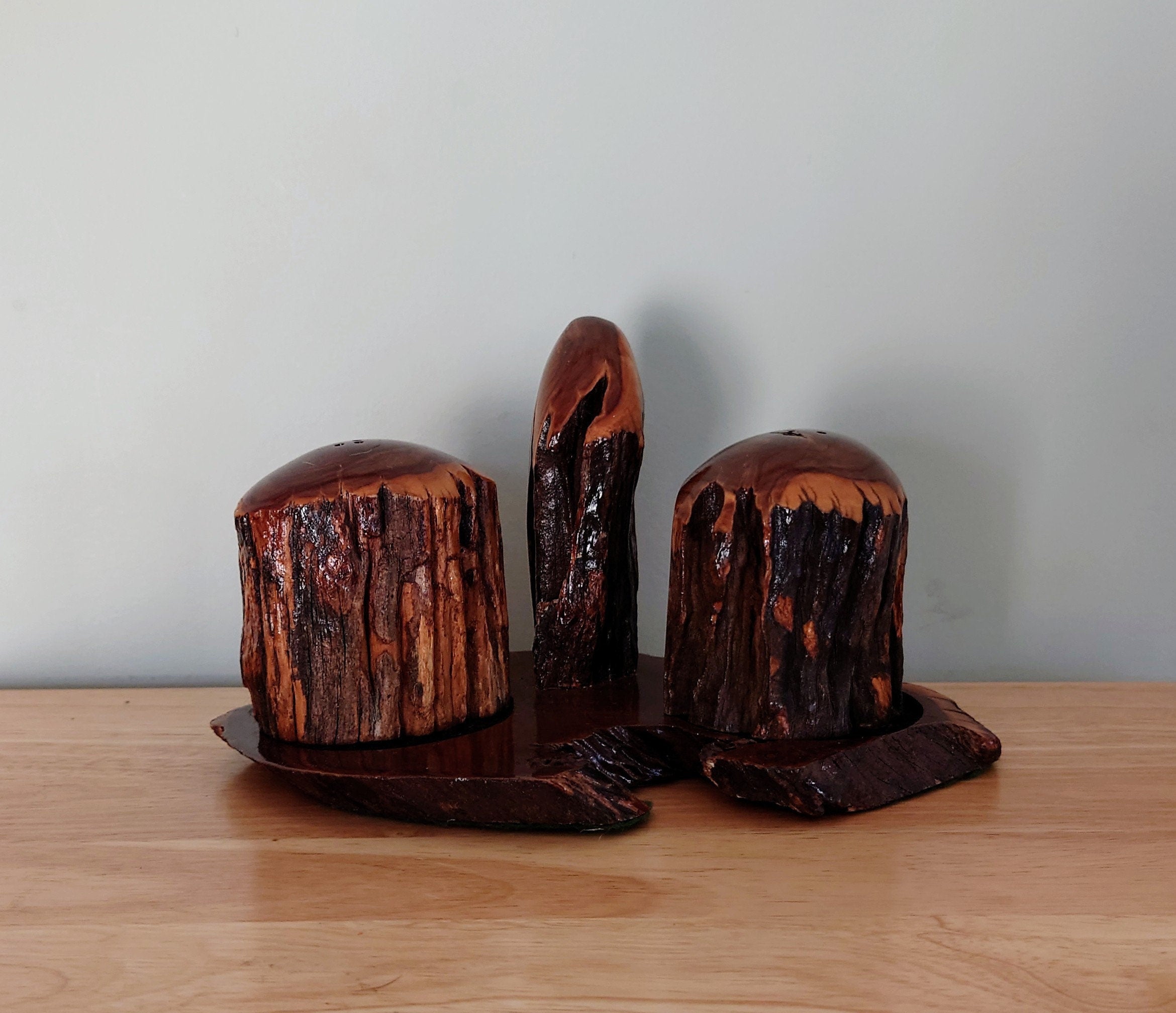 Vintage Salt and Pepper Cruets with Stand African Treen Wood Hand Carved 1953 Weatherwoods Handcrafted Salt and Pepper Shaker Vintage Salts